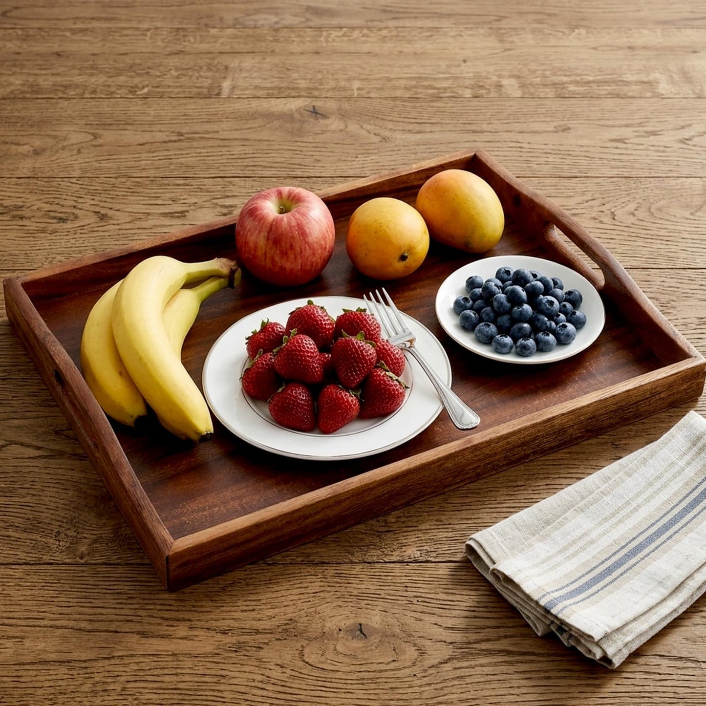 1Pack Walnut Tray, 15.7inch Nature Walnut Wooden Serving Tray with Handles Rectangle Coffee Table Trays for Living Room, Wood Trays for Ottoman Wood Food for Coffee, Breakfast, Dinner-40x30cm