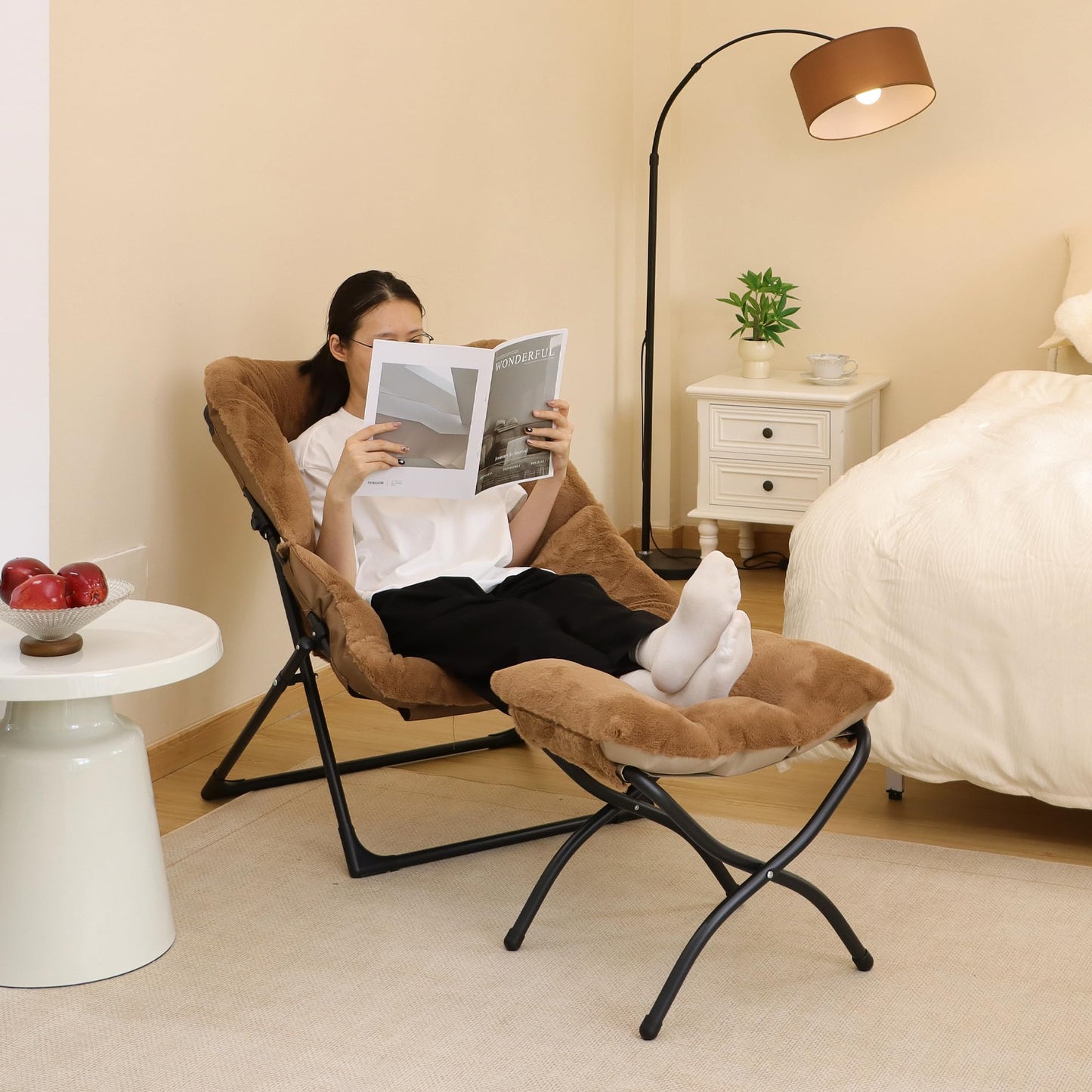 Mordchil HF Comfy Saucer Chair for Adults, Soft Faux Fur Bedroom Chair, Accent Dorm Chairs, Flexible Living Room Reading Chairs, Oversized Folding Seat for Teens, X-Large, Brown