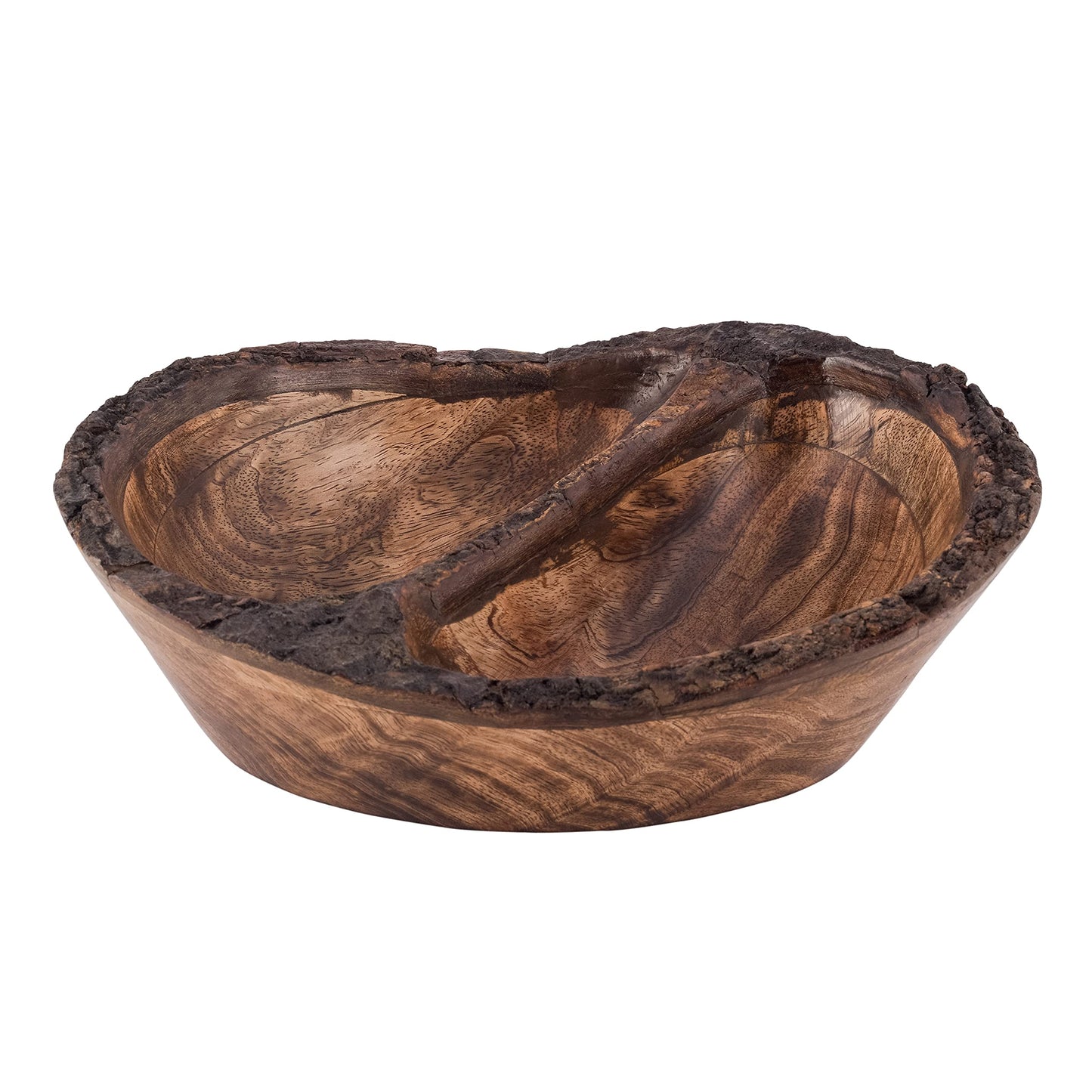 Divit Shilp Natural Wooden Tray, Serving Bowl for Salad, Veggies and Fruits, Large Deep Tray for Family, Party (Bark Edge Wavy Divided Bowl)