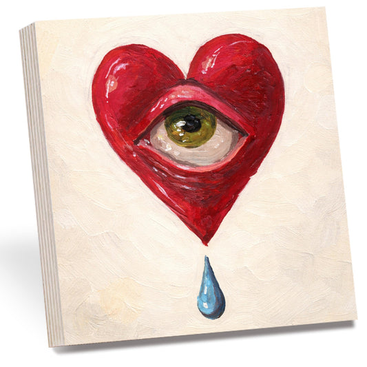Surreal Heart Eye Wooden Block Sign, Emotional Love Art Decor, Abstract Crying Heart Design Shelf Sitter, Modern Home Table Mantel Tiered Tray Accent Gift for Art Lover