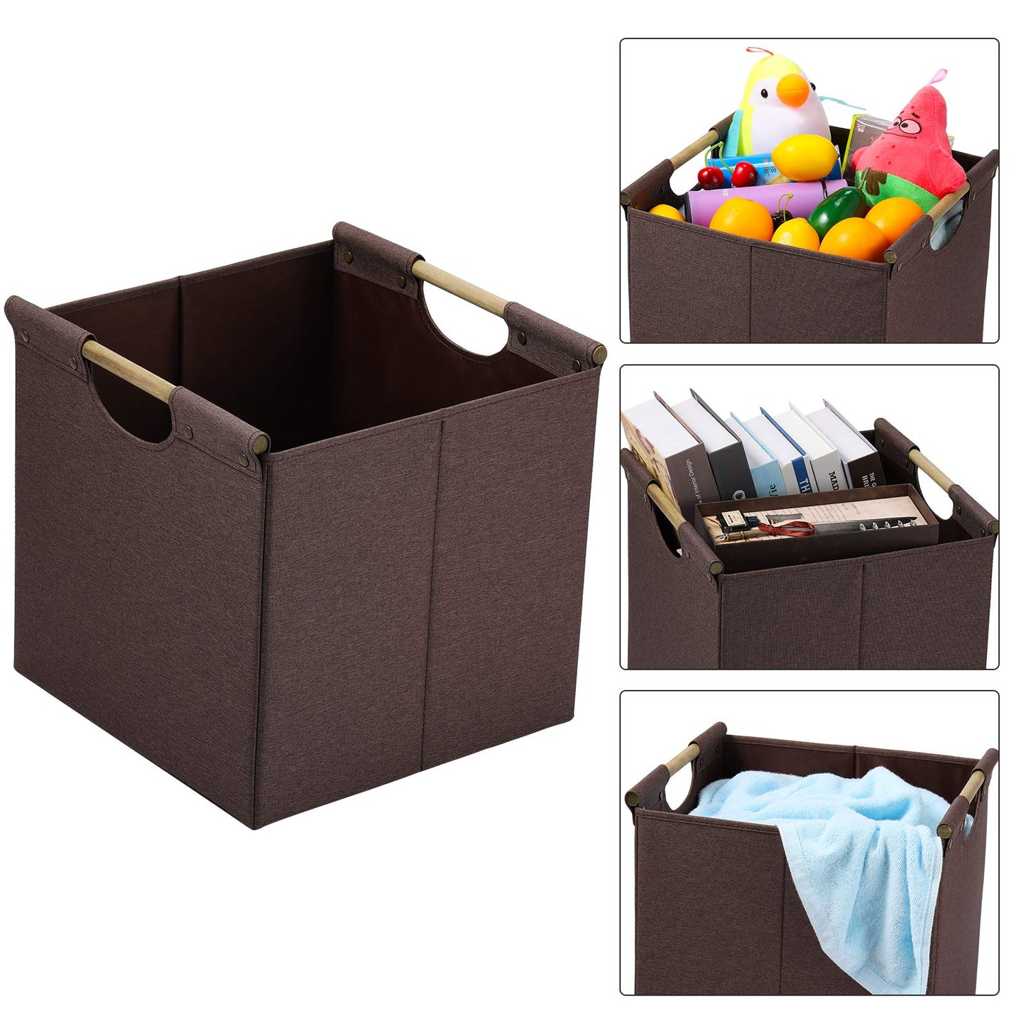 HOONEX Collapsible Storage Bins, 13x13x13 Inches Storage Cubes Linen Fabric, 3 Pack, Storage Baskets with Wooden Carry Handles and Sturdy Heavy Cardboard, for Home, Office, Car, Nursery, Brown