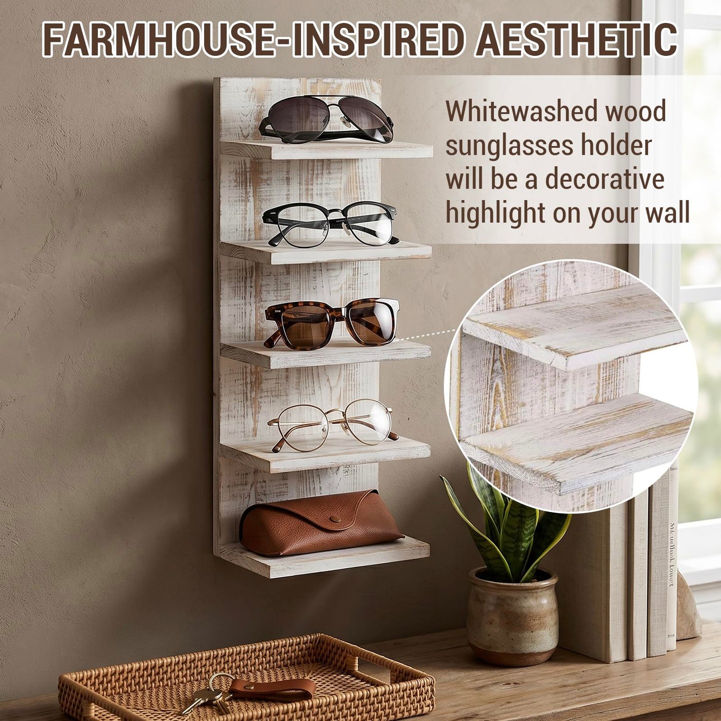 MyGift Sunglasses Organizer for Wall, Wooden Eyeglasses and Sunglass Holder Rack, 5-Tier Whitewashed Wood Eyewear Storage Display Shelf for Closet Entryway or Retail Showcase