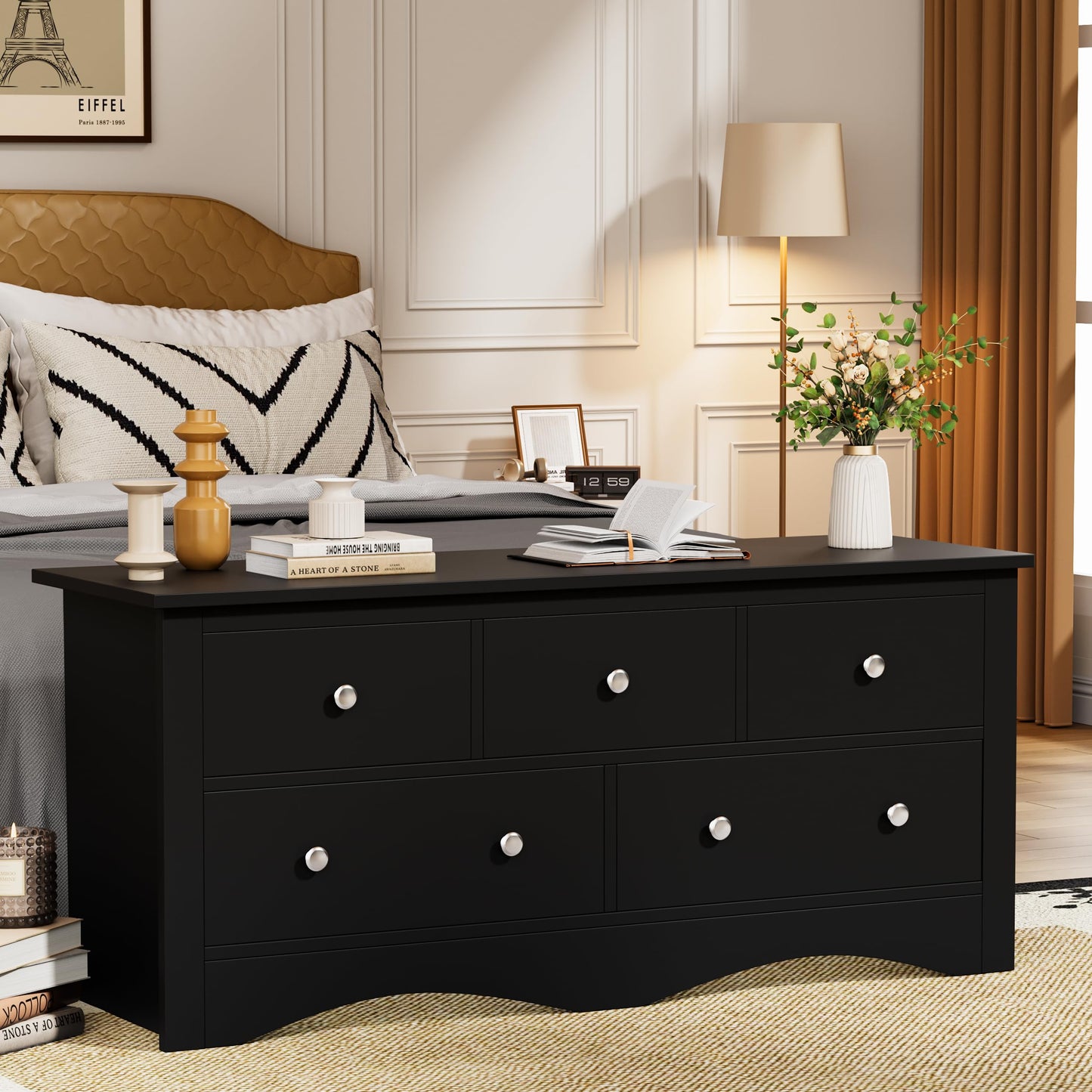 Flamaker Dresser for Bedroom, 5 Drawer Dresser, Wood Dressers, Wide Chest of Drawer, Storage Drawers, Storage Organizer for Closet, Hallway (Black)