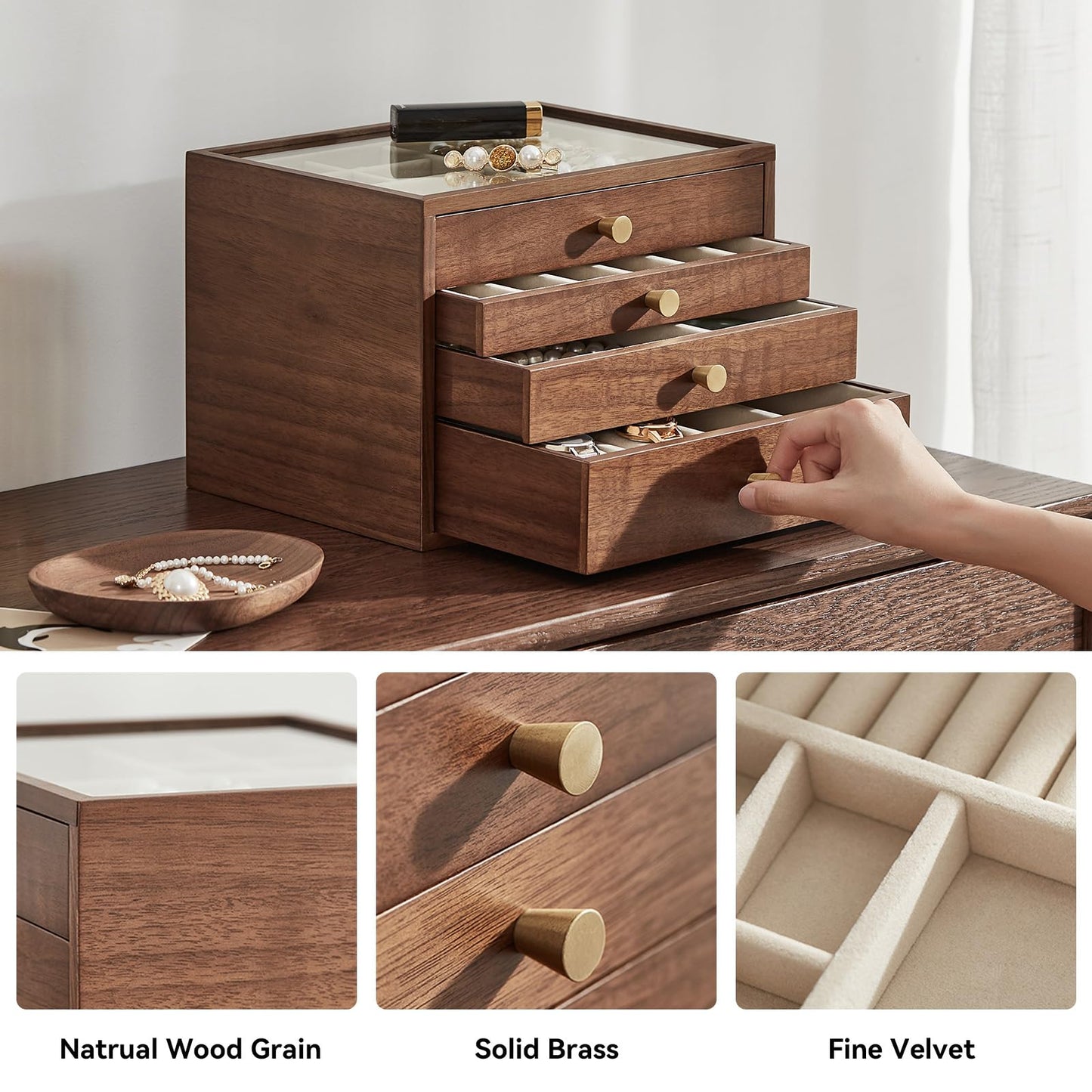 CHOSIN Black Walnut Jewelry Box for Women, 4-Layer Wooden Organizer with Glass Lid, for Watches, Necklaces, Rings & Earrings Storage Christmas Gifts