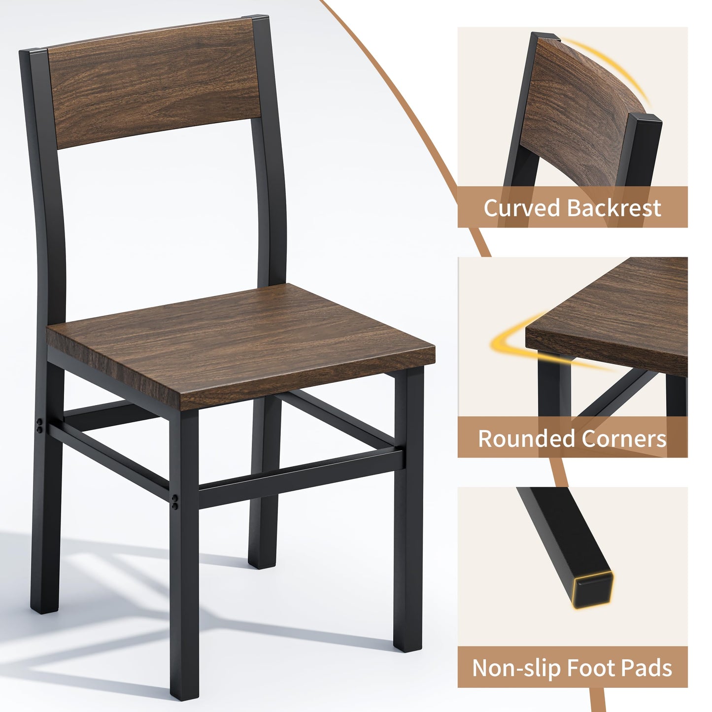 MECHYIN Dining Chairs Set of 4, Rustic Wood Dining Room Chairs with Thickened and Strengthened Metal Steel Frame & Slat Back, Modern Farmhouse Chair for Kitchen, Dining Room (4, Nut-Brown)