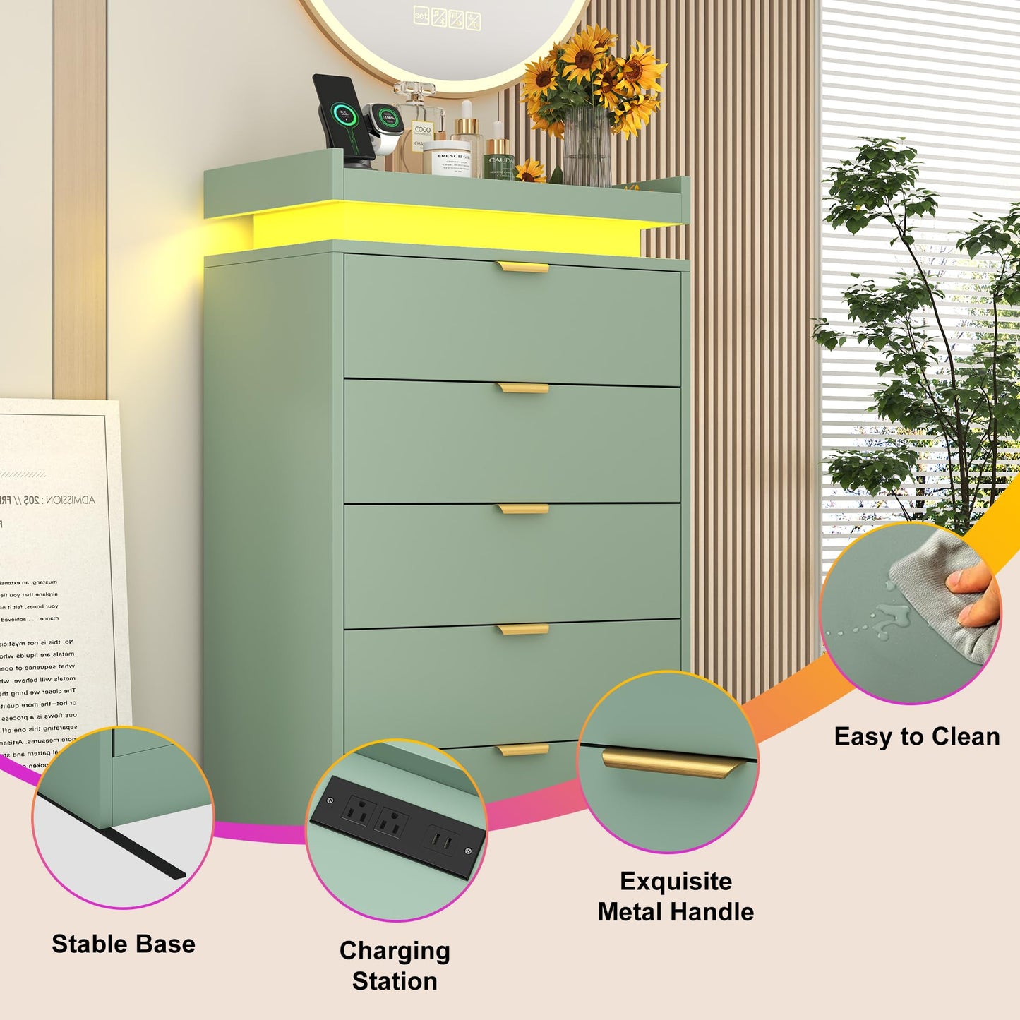 knoworld Tall Dresser for Bedroom, Dresser with LED Lights, Wood 5 Drawer Chest with Power Outlet, Modern Chest of Drawers for Bedroom, Living Room, Entryway, Hallway, Green