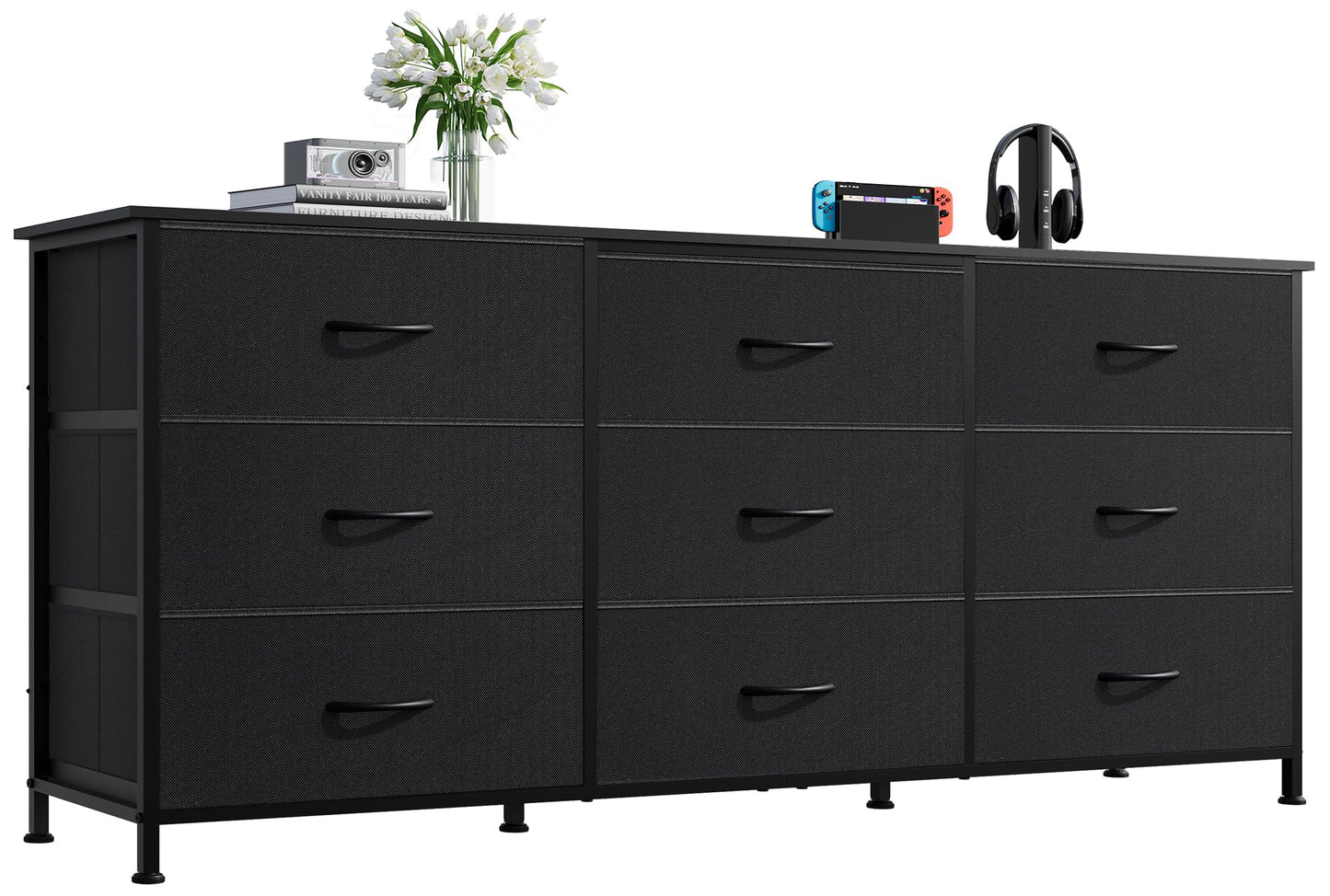 WLIVE 54''W Dresser for Bedroom, Black Dresser TV Stand for 55, 60, 65 inch TV, Wide Chest of Drawers with 9 Drawer, Large Entertainment Center, Fabric Dressers with Wood Top for Closet, Living Room
