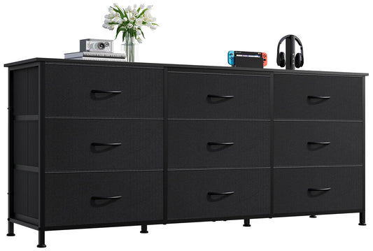 WLIVE 54''W Dresser for Bedroom, Black Dresser TV Stand for 55, 60, 65 inch TV, Wide Chest of Drawers with 9 Drawer, Large Entertainment Center, Fabric Dressers with Wood Top for Closet, Living Room