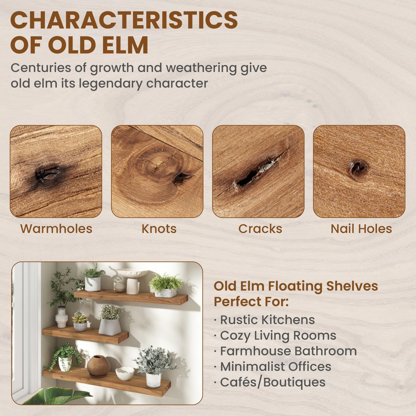 Fun Memories Wood Floating Shelves 24 Inch Long, Rustic Elm Wood Wall Shelves for Farmhouse, Living Room, Kitchen, Wall Mounted Bathroom Shelf Floating Shelf with Invisible Bracket Set of 2, Natural