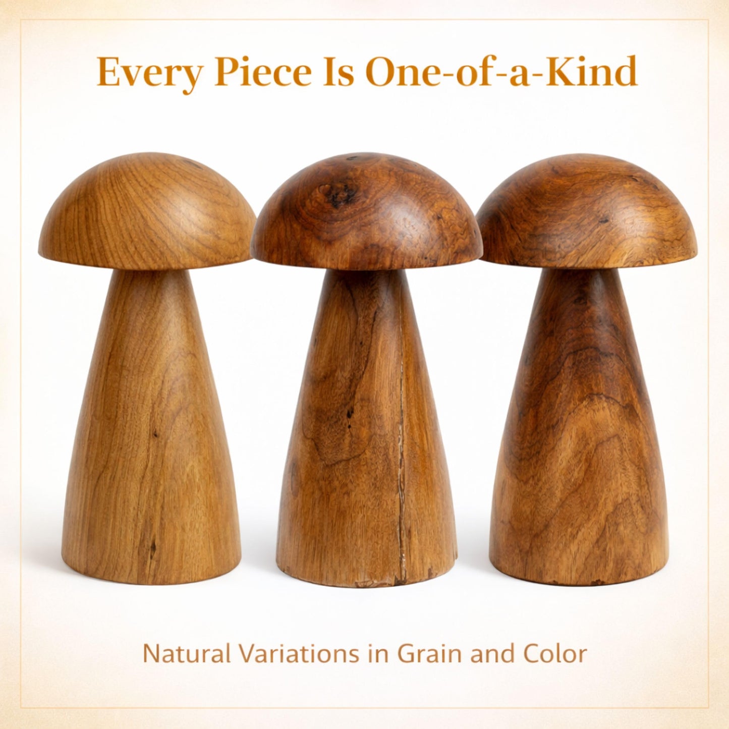 JOLLYMER Solid Teak Wood Mushroom Decor, Handmade Wooden Sculpture Rustic Boho Tabletop Accent, Natural Wood Grain Home Decoration Figurine for Living Room, Shelf, Coffee Table Indoor Decor