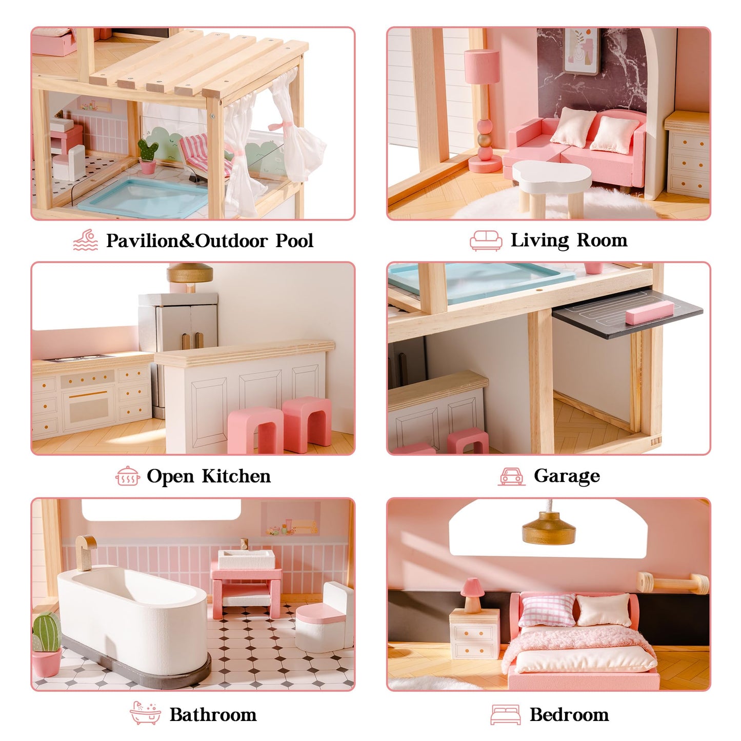 ROBOTIME Wooden Dollhouse, Doll House with 29 Pieces Furniture Set - Pool and Elevator, Wooden Doll House for 4, 5, 6-Inch Dolls, 6 Rooms Pink Dollhouse Gift for Kids Girls Ages 3+ (Black)