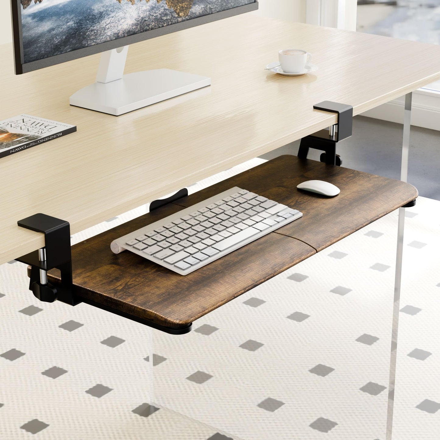 ERGOMAKER Keyboard Tray Under Desk, Pull Out Keyboard Tray with C Clamp Mount, 25.6" (29.7" Including Clamps) x 11.8" Slide-Out Platform Computer Drawer for Typing, Keyboard & Mouse Tray, Rustic Brown
