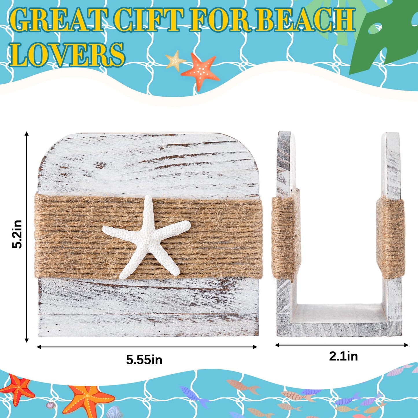 Fiwochic Natural Wooden Napkin Holder, Farmhouse Napkin Holders Upright Wooden Tissue Dispenser for Kitchen Dining Room Table Decor Indoor & Outdoor Use (Beach Style,White)