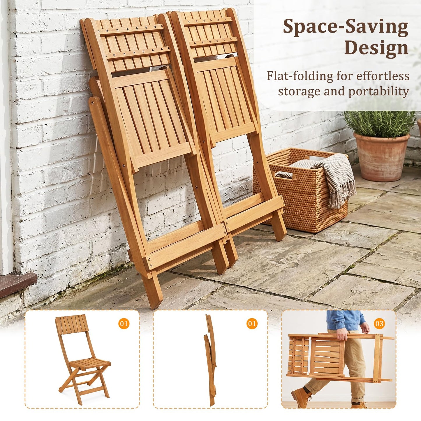 Tangkula Wood Foldable Patio Chairs Set of 2, Portable No Assembly Outdoor Bistro Chairs with Slatted High Backrest & Seat, Space-Saving Patio Seating for Porch, Garden, Backyard, Poolside & Lawn