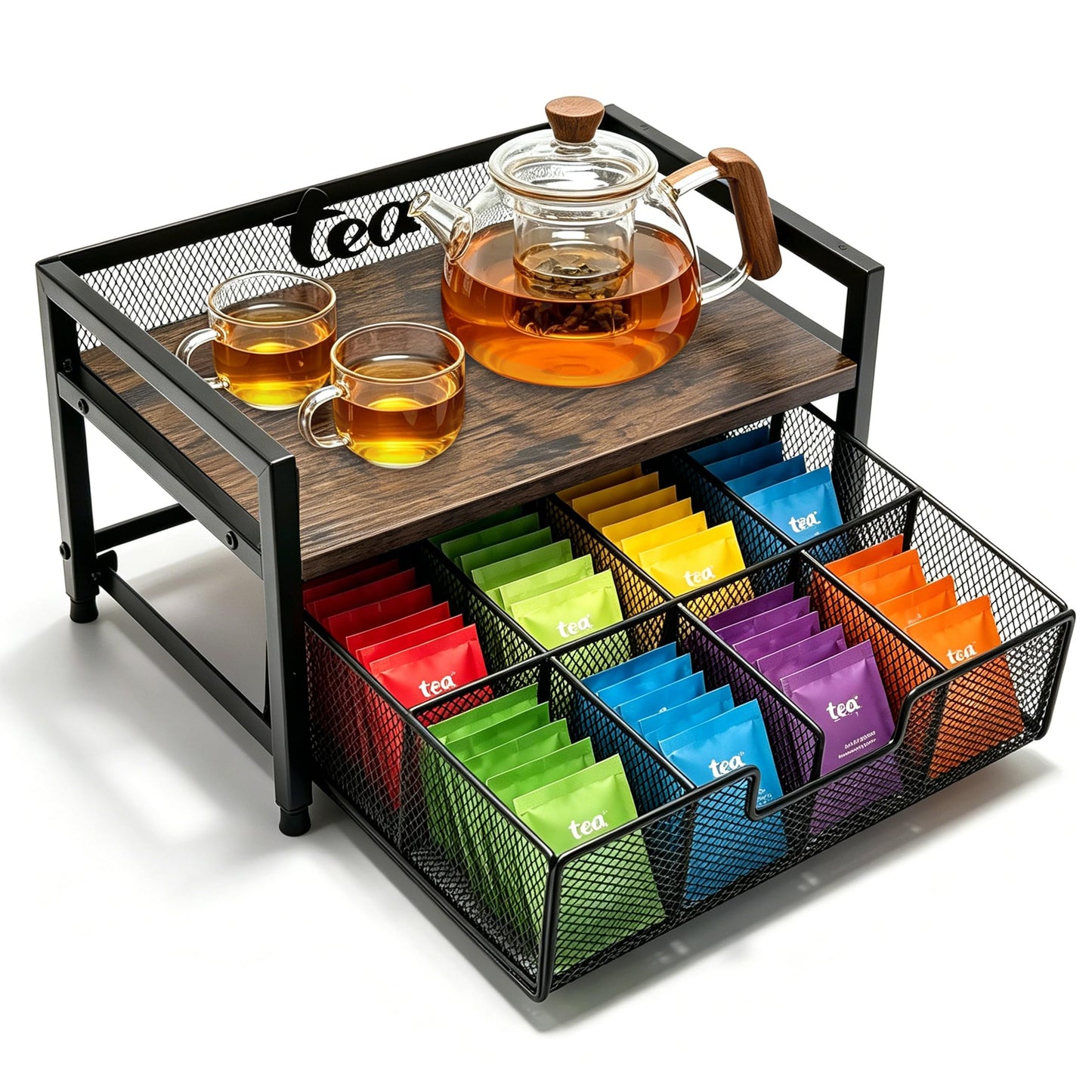 Uniqcovosa 2 Tier Tea Bag Organizer and Storage - 8 Drawer Sliding Tea Box Organizer, Tea Bar Accessories Organizer for Countertop, Bar Station, Kitchen (Rustic Brown)