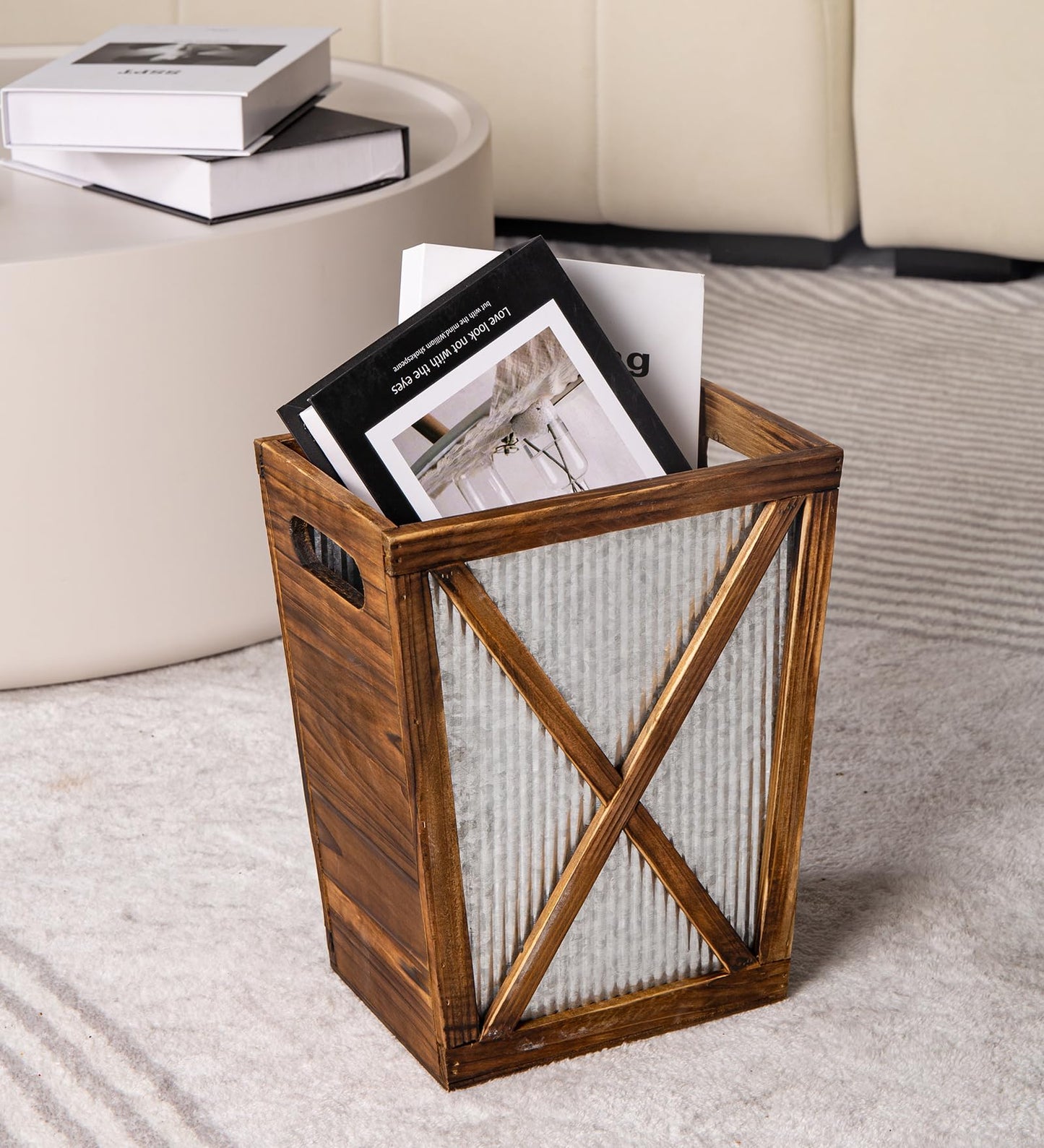 Venalys Small Wood Trash Can Wastebasket, Decorative Barn Door Garbage Can Waste Basket, Rustic Distressed Rectangular Trash Bin, Farmhouse Wooden Storage Basket Waste Paper Bin (Brown)