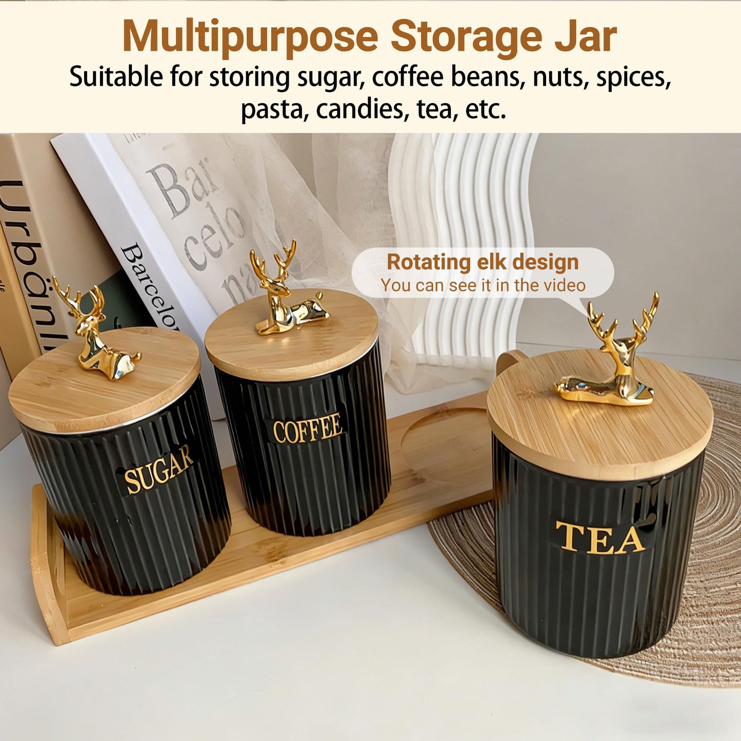 Bryasha Airtight Ceramic Canisters Set of 3 with Wooden Tray - Kitchen Counter Storage Containers for Sugar, Coffee, Tea - Food Storage Jars With wooden lid and spoon Rotating Deer (black)