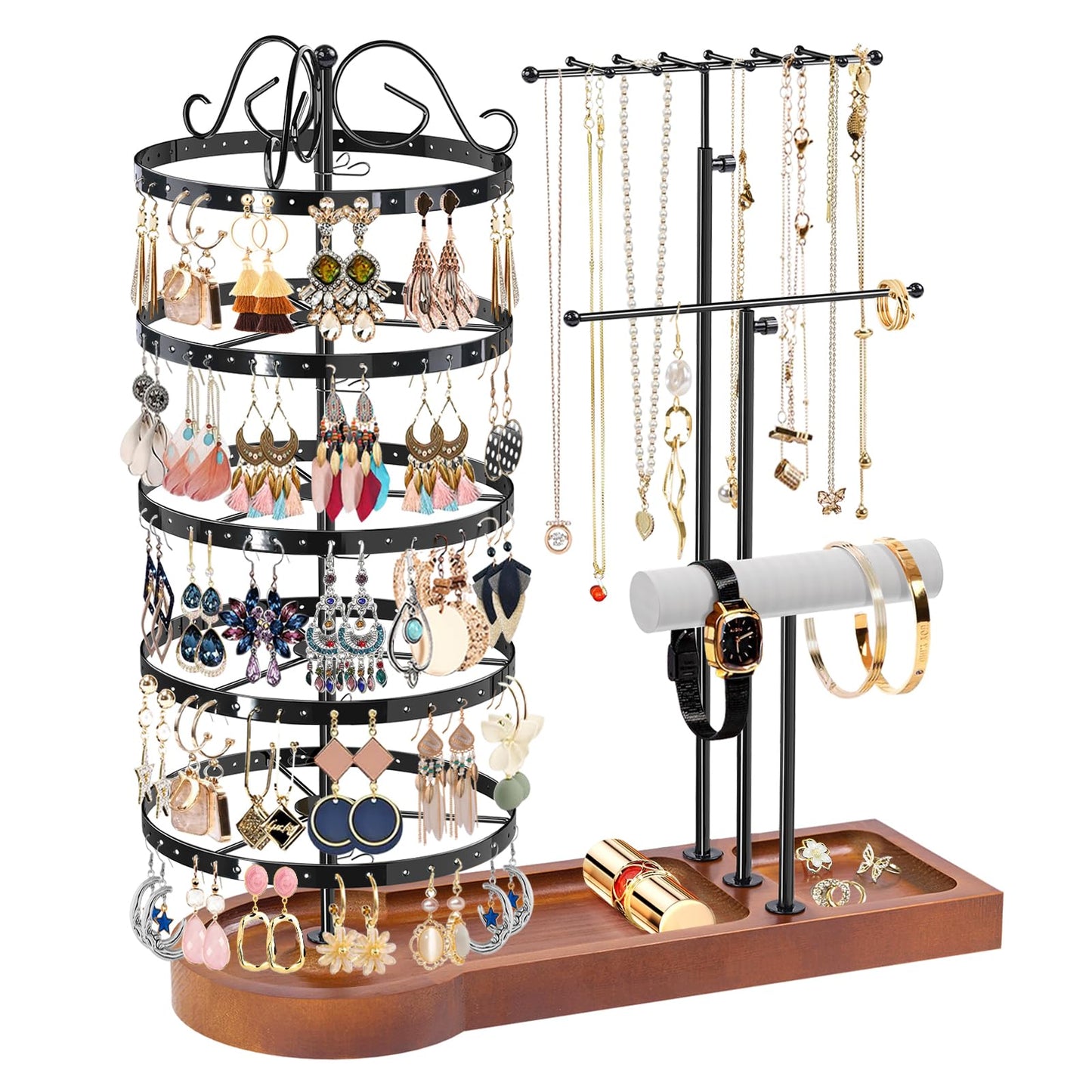 KALYLOC Jewelry Earring Holder Organizer, Adjustable 5 Tiers Rotating Earring Holder 3 Tier Necklace Holder with Wooden Base, Multi-Functional Jewelry Organizer Display Stand for Studs Bracelet Women