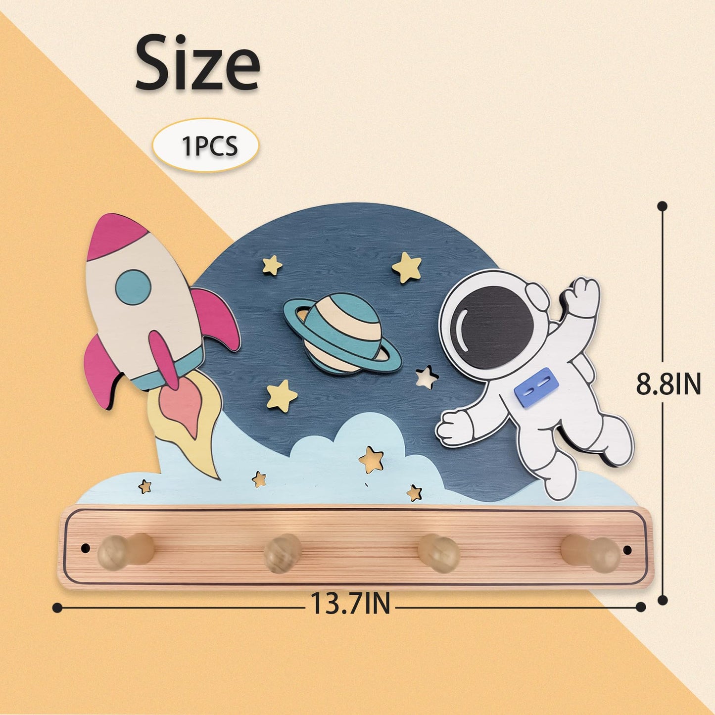 Midrean Wooden Organizer Cute Space Planet Rocket Kids Coat Rack Key Hanger Wall Mount for Coats Hats Towels Bags Hanging Decorative Wood Hook