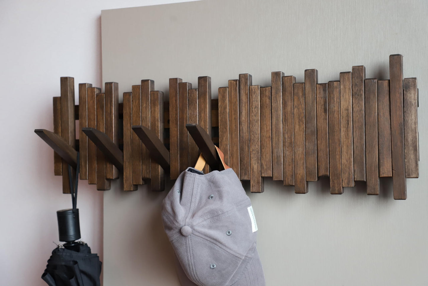 GOGREEBELL Natural Wood Wall Mounted Piano Coat Rack| Coat Rack Wall Mount| Flip Down Wall Hook Rack 7 Hooks| Entryway Wall Art Hook,Made of Acacia Wood (Wood Wax Oil Dyed Walnut Color).Wall Art