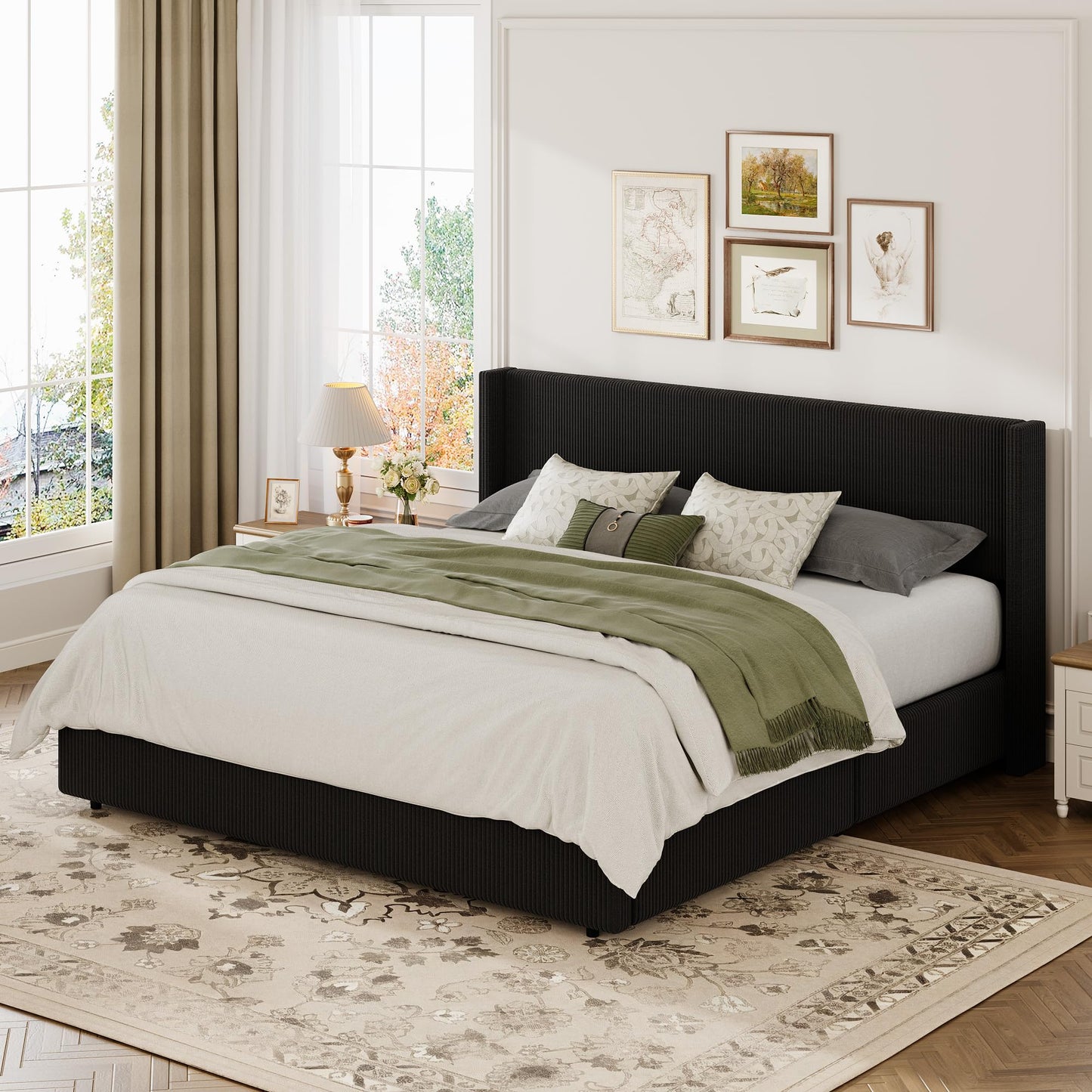 GarveeHome King Size Lift Up Storage Bed Frame, Corduroy Upholstered Platform Bed with Gas Lift, Padded Headboard, Wooden Slat Support, No Box Spring Needed, Black