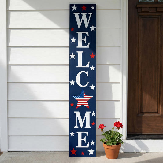 Hentonwell Vertical Patriotic Welcome Porch Sign,4th of July Wooden Decoration for Front Porch,250th Anniversary Memorial Day Wooden Porch Sign for Outdoor Patio.