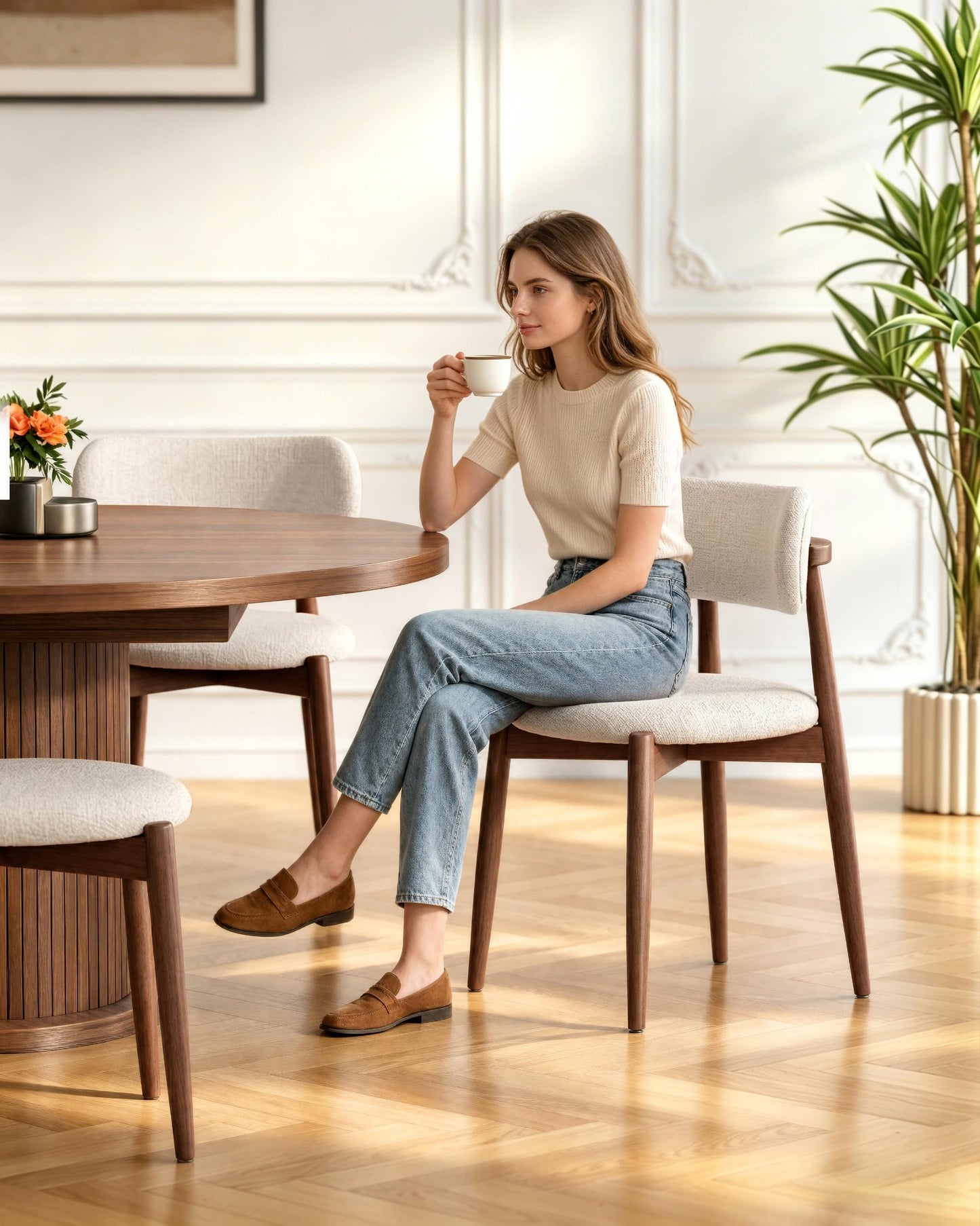 Fabulcozy Wooden Dining Chairs Set of 2, Mid Century Modern Upholstered Kitchen Chairs with Solid Wood Legs, 350lb Heavy Duty Padded Side Chairs for Dining Room & Vanity, Beige