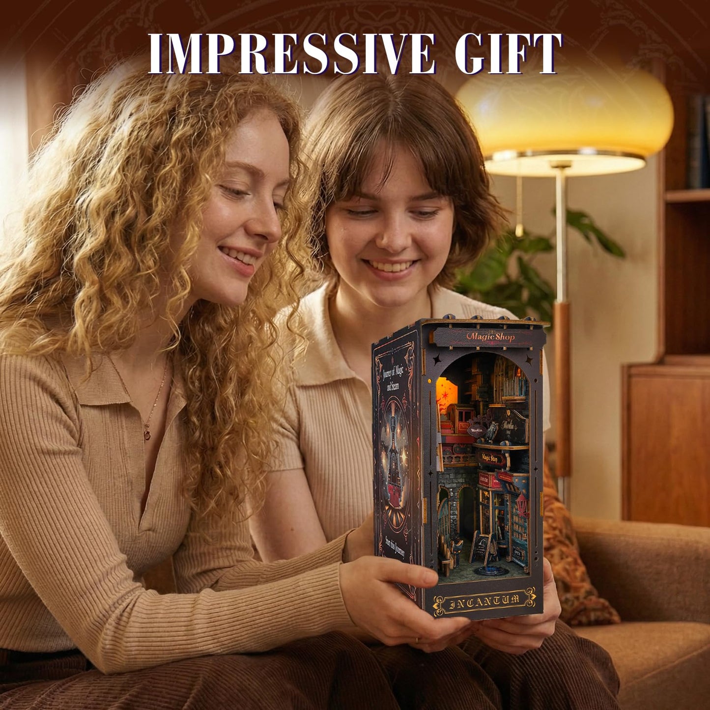Rnfinewow Book Nook Kit Magic Steam Journey, 3D Wooden Puzzle with LED Lights, DIY Miniature Model Kit Room Home Decor, Holiday Birthday Christmas Day Gifts for Men Women Teens