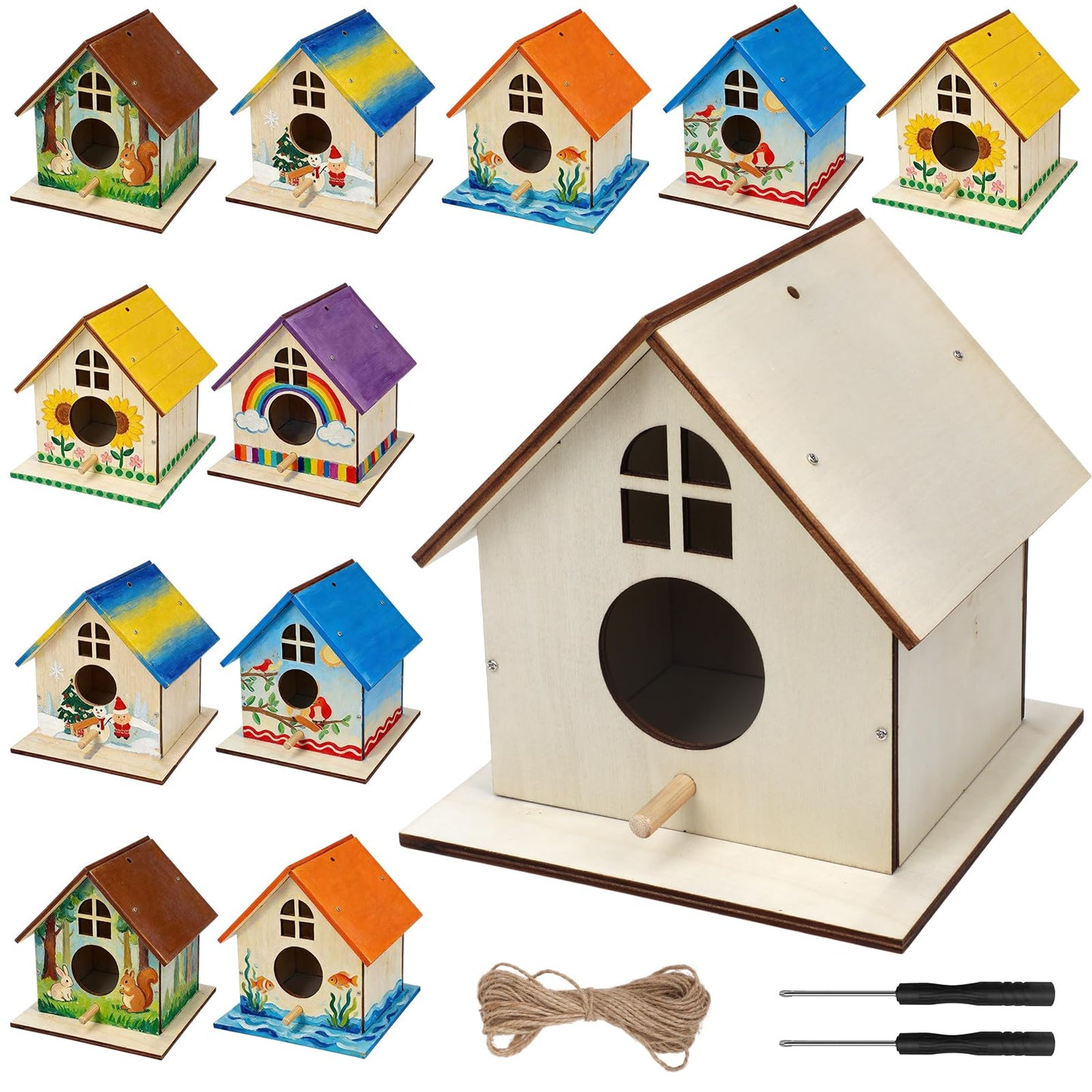 Entallor 12 Pack Wooden DIY Birdhouse Kit for Kids Adults, Thickened Double-Layer Wood with Screwdrivers, Nails, Ropes, Easy Build & Paint Arts and Crafts Set for Backyard Garden Bird Watching