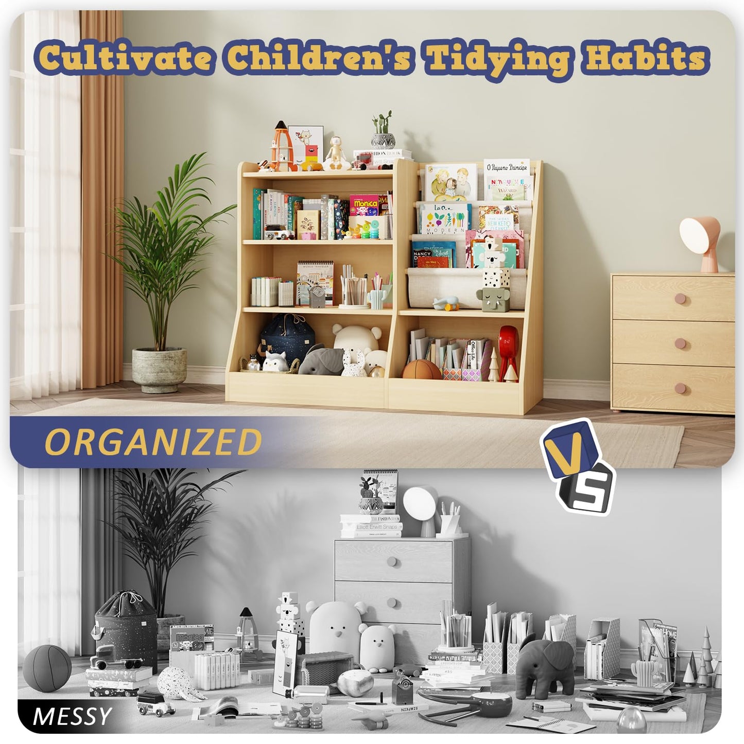 IKALIFE 39" Large Kids Wooden Bookshelf and Toy Storage Organizer, Baby Bookcase with Sling Book Rack, Children Toddler Wooden Book Shelf for kids rooms, Playroom, Classroom, Nursery, School (Natural)