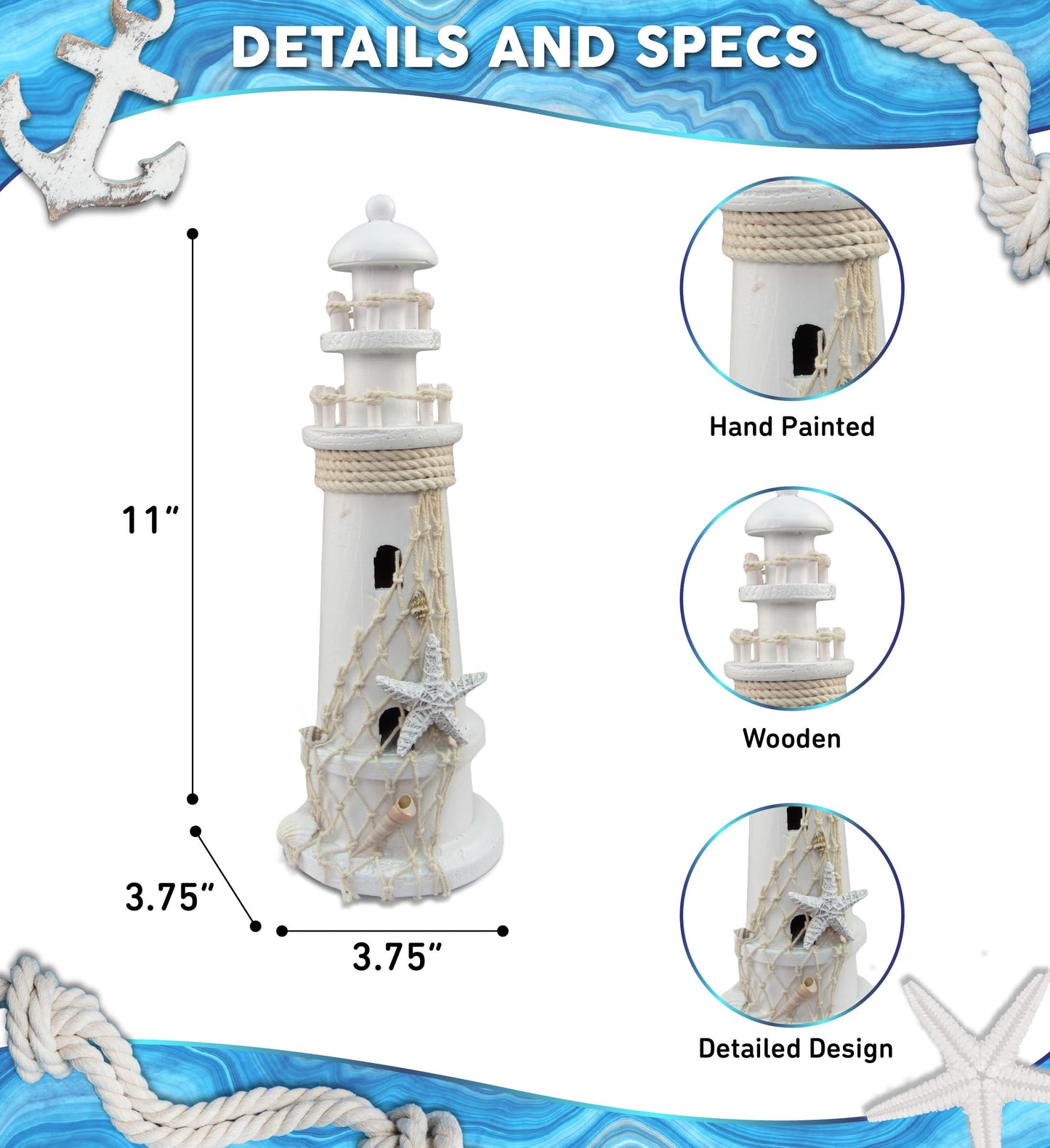 Puzzled White Wooden Lighthouse Decor - Handcrafted Nautical Lighthouse Table Top Decor, Lighthouse Sea Decorations for Home with Small Starfish Nautical Net, and Seashell Ocean Trinkets - 11 Inches