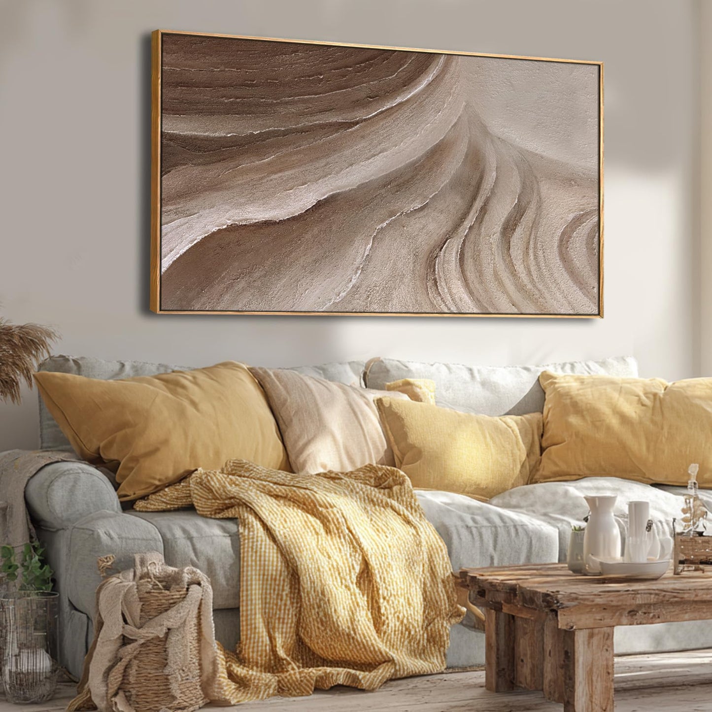 MLART99 Abstract Canvas Wall Art Earth Tone Flowing Texture Design Modern Wall Decor Brown Beige Landscape Artwork Wood Frame Home Decor for Living Room Bedroom Office 24x48 Inch