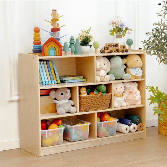 kidi house Kids Bookshelf and Toy Storage Shelf, Wooden Montessori Bookshelf, 3-Tier Toy Shelves with 7 Cubby, Classroom Furniture, Birch Children Bookcase, Book Shelf for Kids Room, Nursery, Playroom