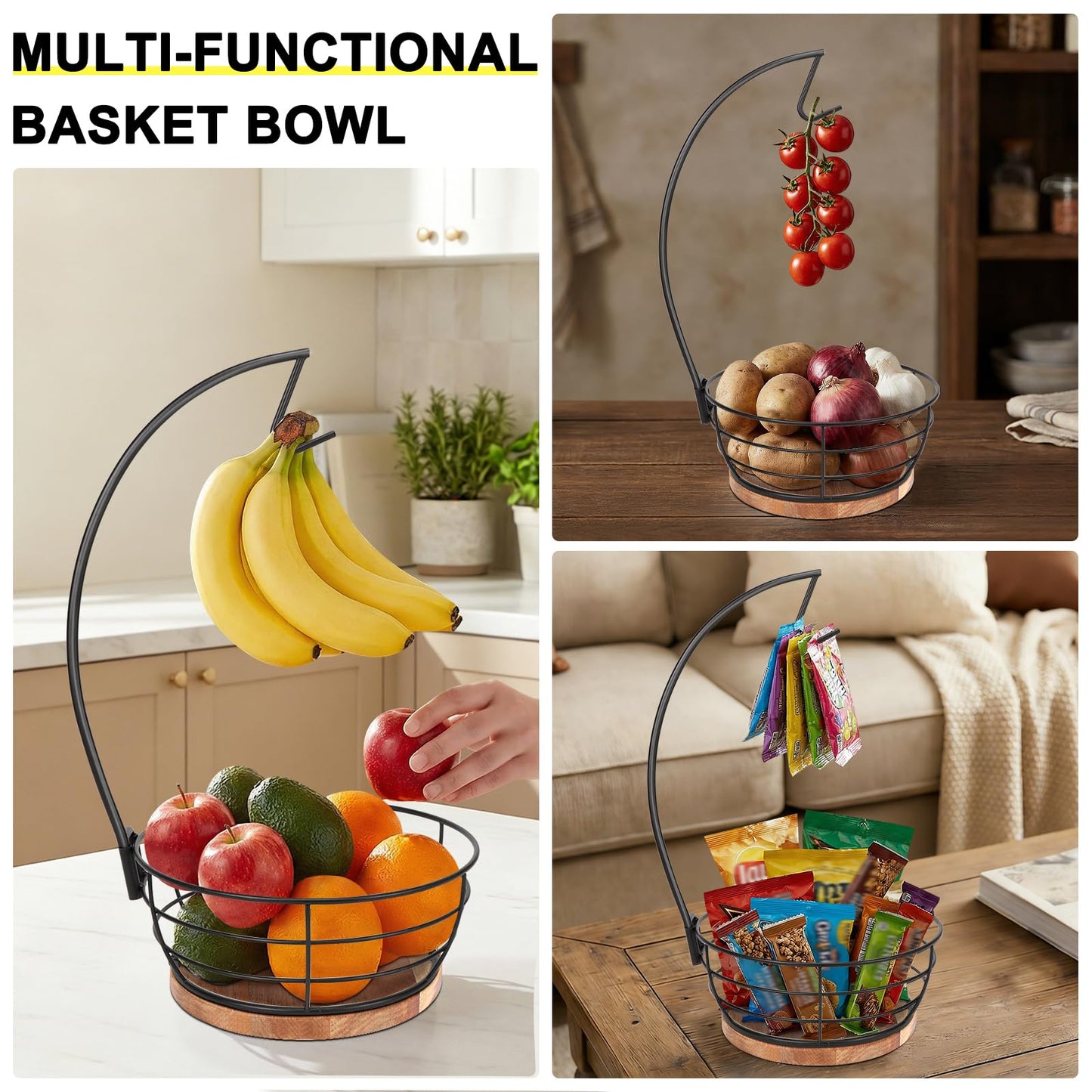 Livabber Countertop Fruit Basket Bowl with Banana Hanger, Modern Standing Fruit Vegetable Bowl Storage, with Banana Tree Holder for Kitchen Dinning Table (Round Wood, Black)