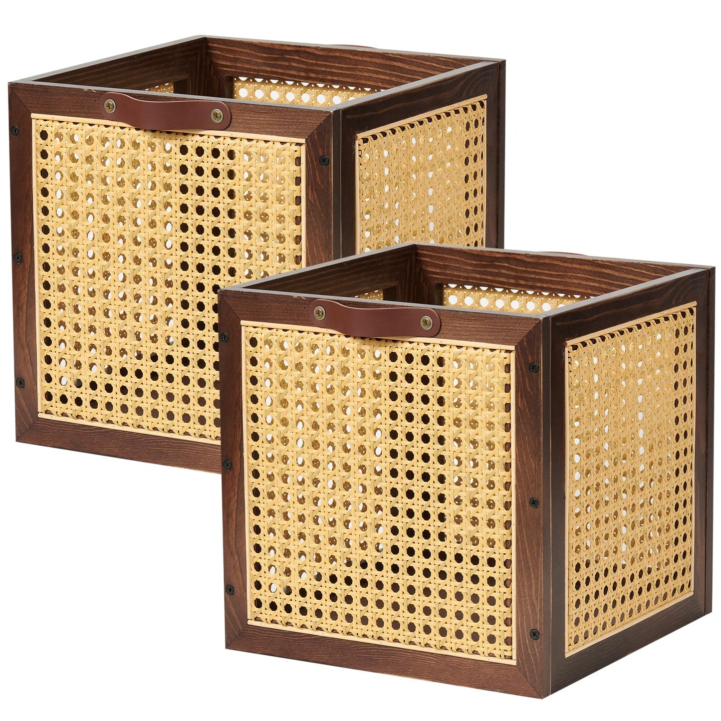 VinneGenzz 2PCS Rattan Storage Cubes Wooden Storage Baskets Boxes Decorative Natural Handmade Bohemian Solid Wood Woven Wicker Cane Bin Closet Shelf Clothes Organizer Books Magazine Holder (Walnut)