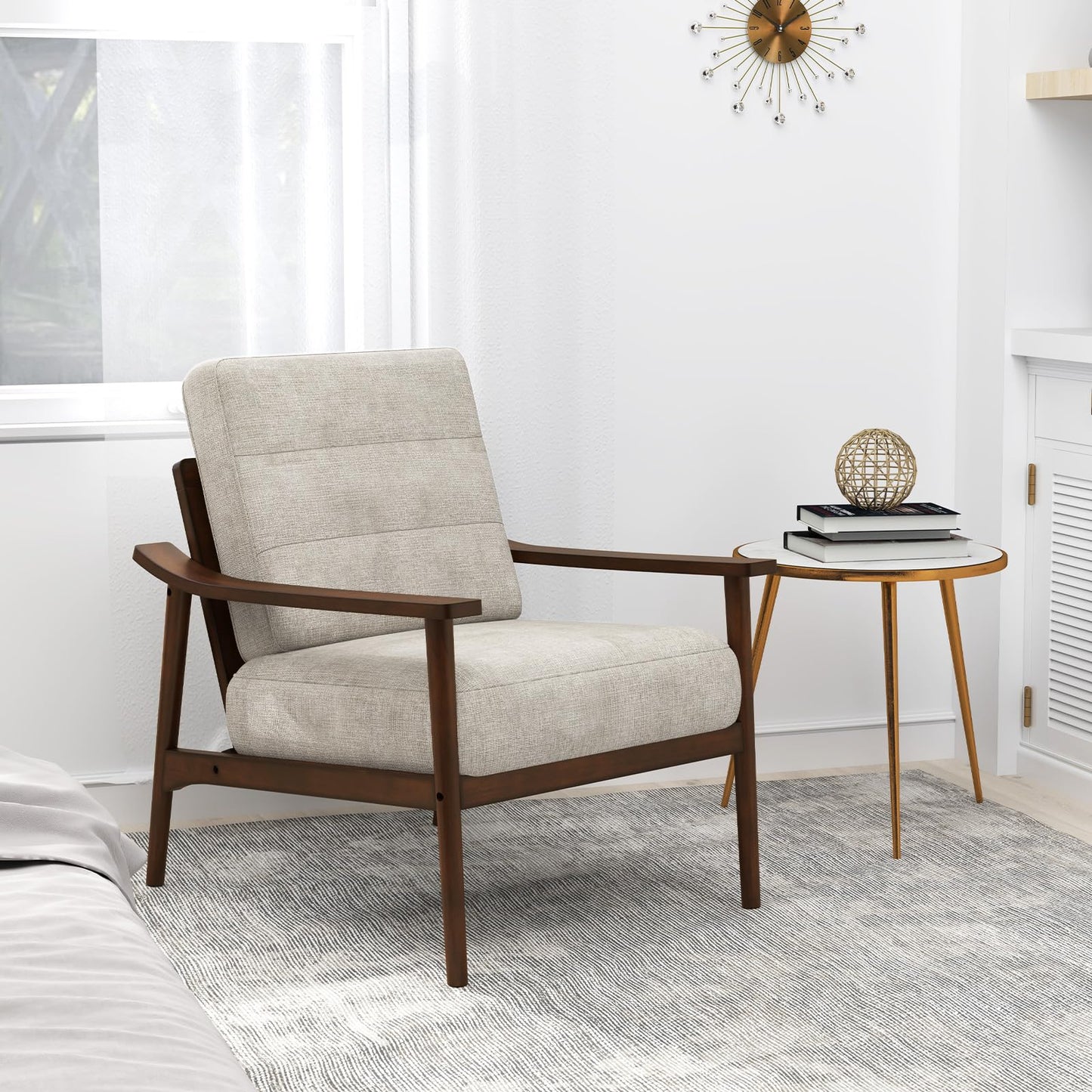 Giantex Mid Century Modern Accent Chair, Max Load 440 LBS Upholstered Living Room Chair with Rubber Wood Armrests & Legs, Removable Back Cushion, Comfy Reading Arm Chair for Living Room, Bedroom