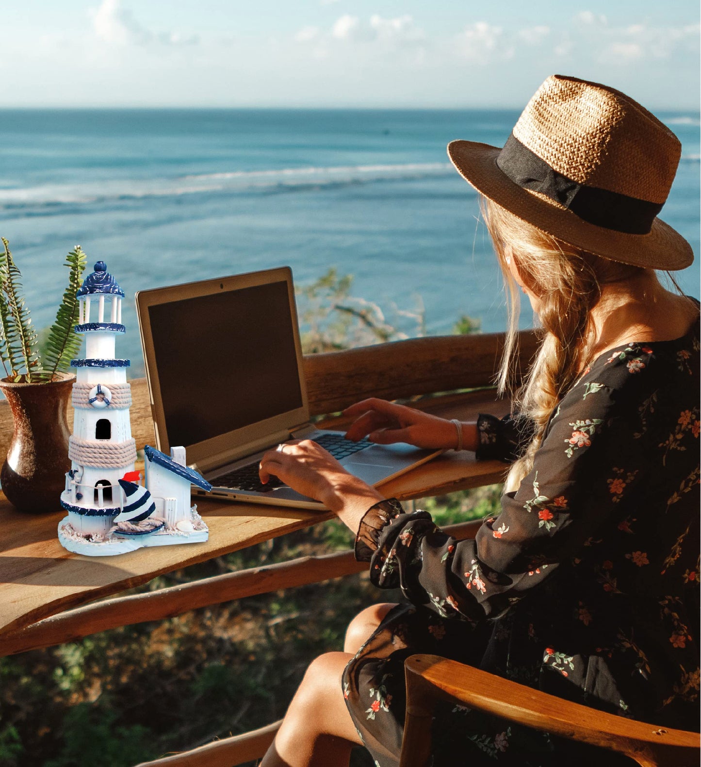 COTA Global Ocean Blue Lighthouse Decor - Handmade and Crafted Wooden Lighthouse Decoration with Sailboat Figure, Nautical Themed Home Decor – 13.5 Inch