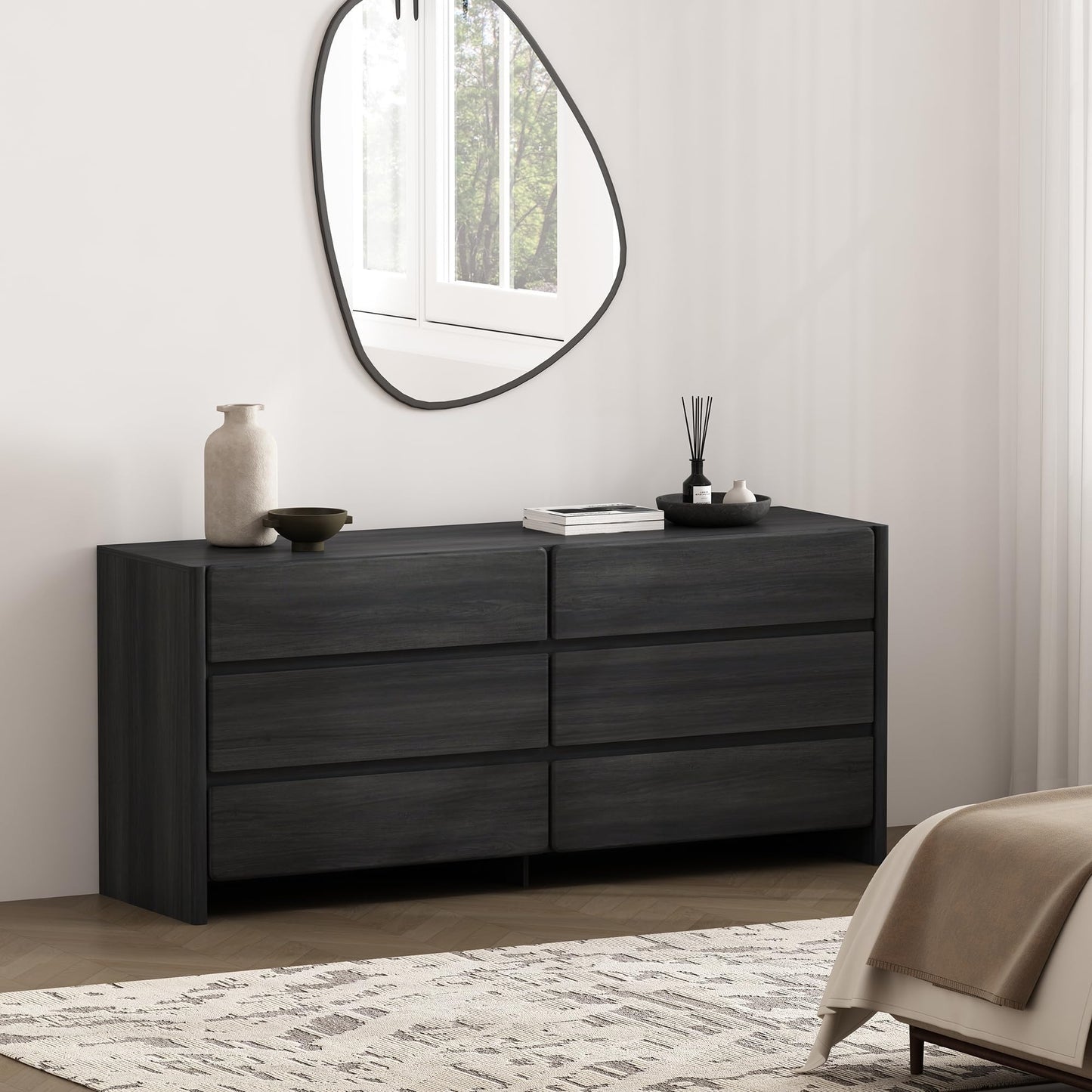 Manhattan Comfort Linda Double Wide Modern Dresser for Bedroom with 6 Storage Drawers – 72" Long Wooden Cabinet for Closet Essentials and Clothes Organization, Home Furniture, Charcoal Grey