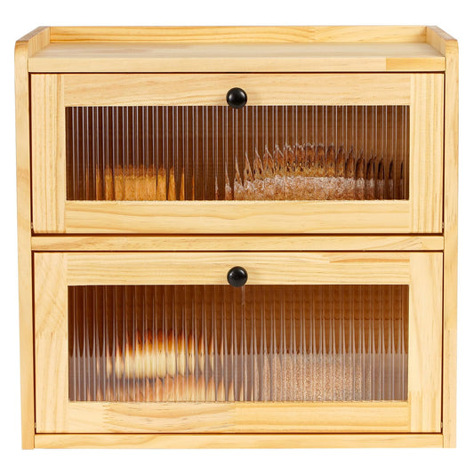 Sunhoo Bread Box for Kitchen Countertop Wooden Bread Storage Container Bin 2 Layer Breadbox Holder Large Capacity Keeper Vintage Farmhouse Food Organizer Pantry Shelf Acrylic Window（Wood color）