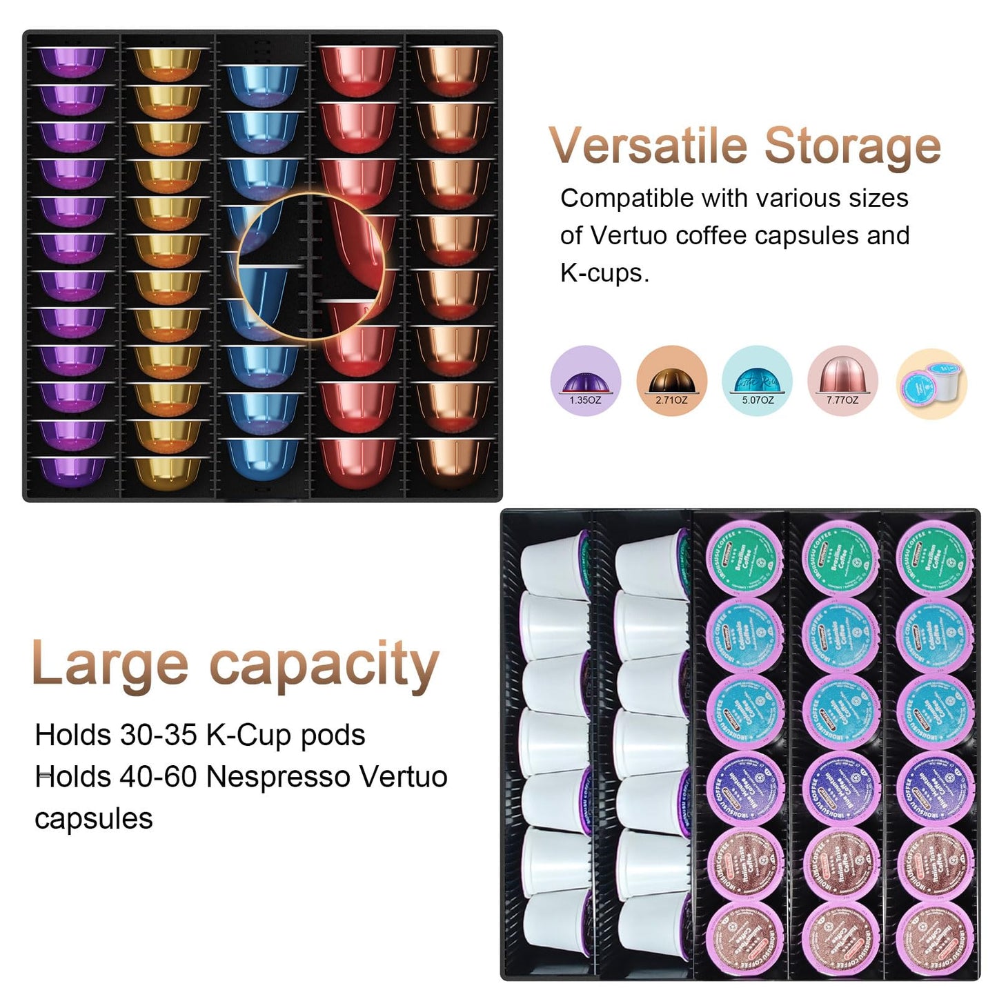 OUTIOE Coffee Pods Drawer Organizer Compatible with Nespresso Vertuo Pods Holds Up to 60 Small or 40 Large (Black)