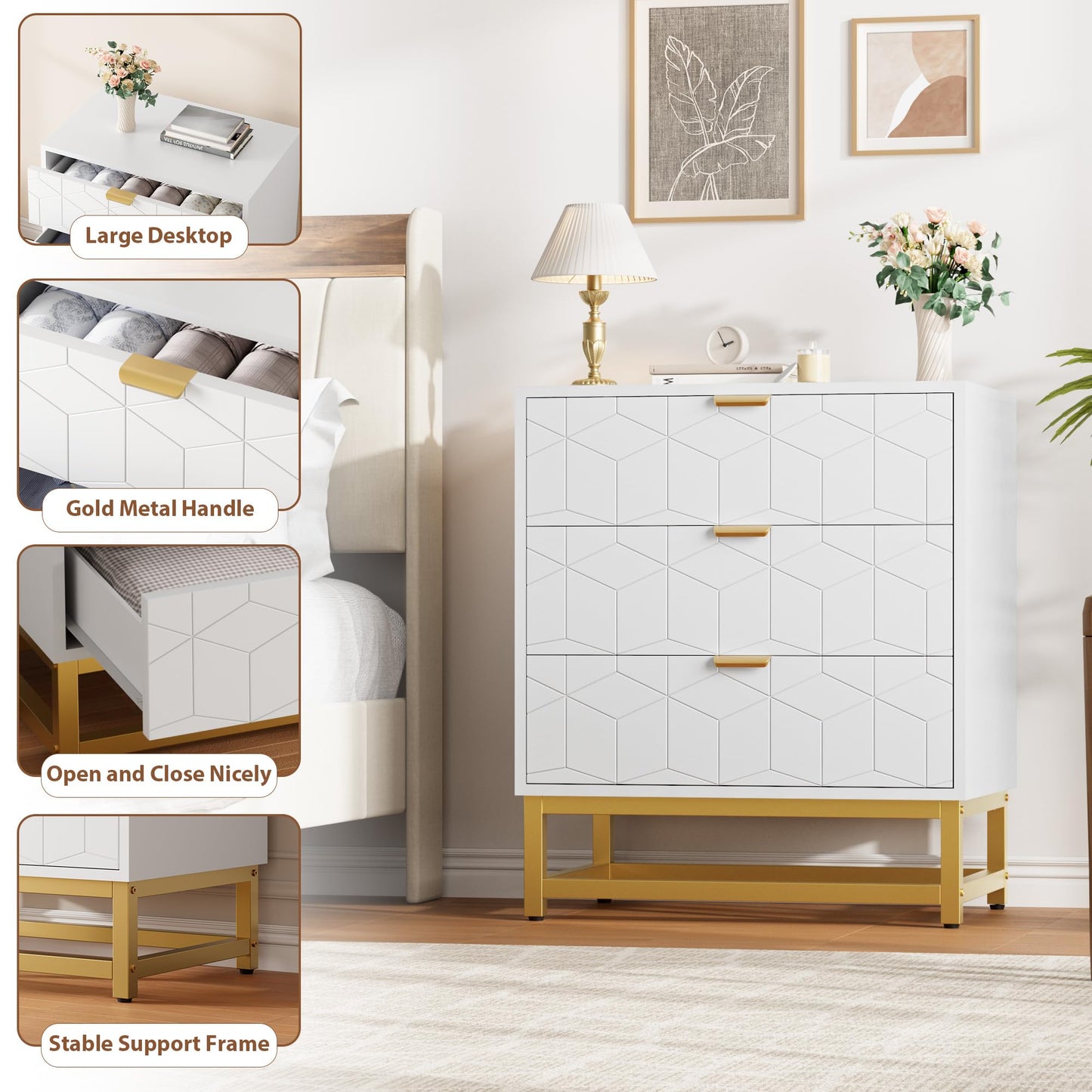 GAOMON 3 Drawer Dresser, Wood Chest Drawers with Storage for Closet, Bedroom, Drawers Dresser Modern Bedside Nightstand with Gold Handles, White