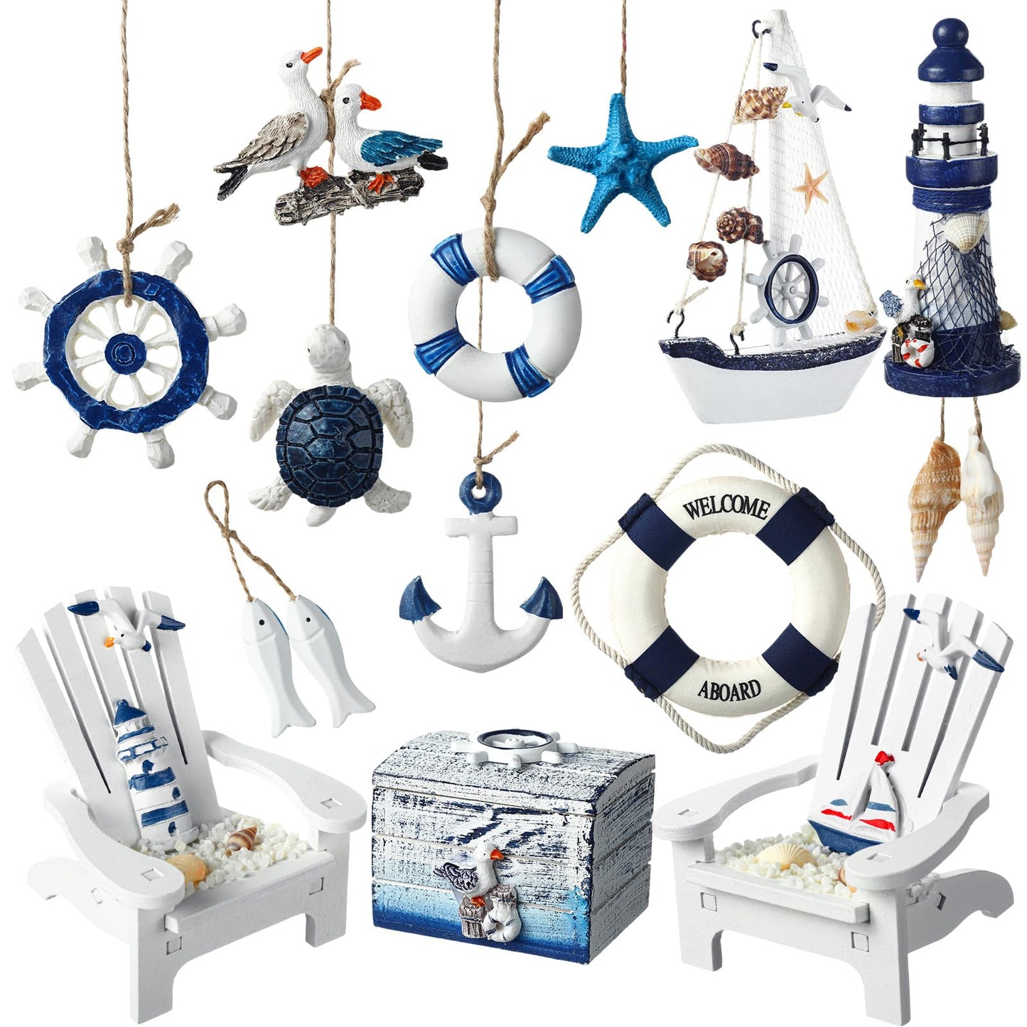 Yousoontic 14 Pack Mini Wood Nautical Home Decor Mediterranean Style Lighthouse, Beach Chair, Sailboat, Wood Box, Anchor, Life Ring, Starfish, Fish Pendant, Swimming Ring, Long Conch, Helmsman, Birds