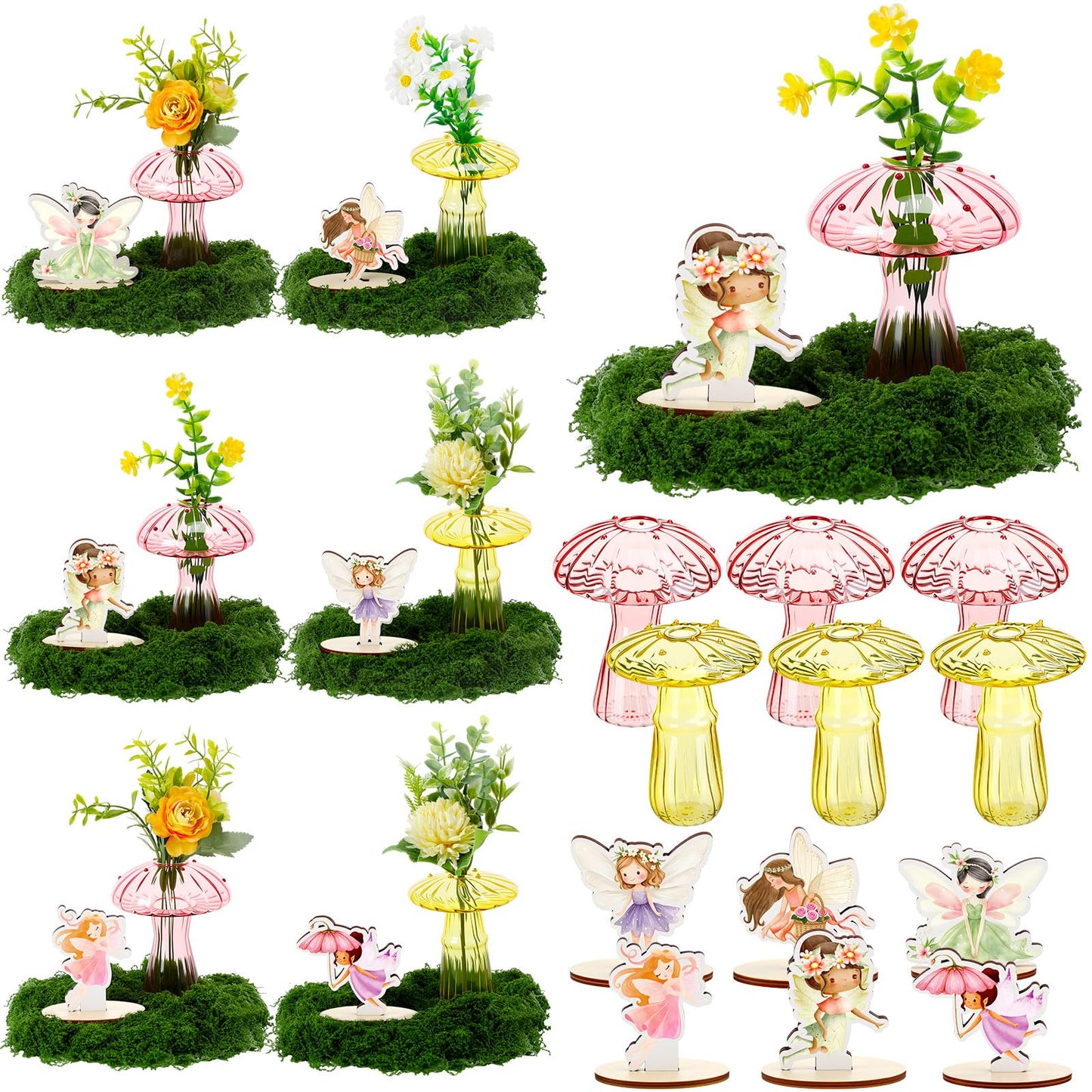 Acellegic 13 Pcs Fairy Party Decoration Woodland Fairy Table Centerpiece with Mushroom Vase Artificial Green Moss for Forest Party Decor Flower First Birthday Wedding Forest Baby Shower