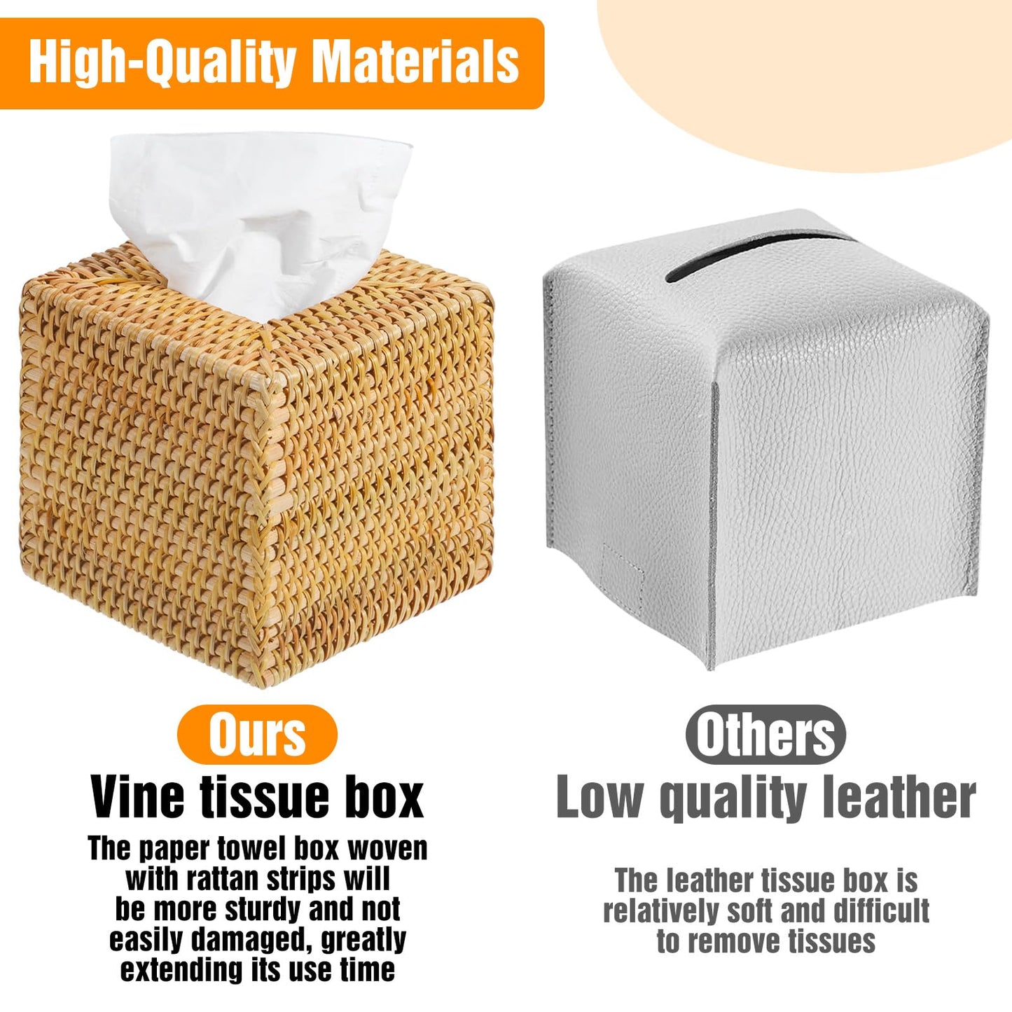 Afcabakila 2 Pack Square Rattan Tissue Box Cover, Natural Wicker Tissue Box Holder Hand Woven, Decorative Facial Tissue Holder for Bathroom, Living Room, Office, Car, 5.5 x 5.5 x 5.5 Inches