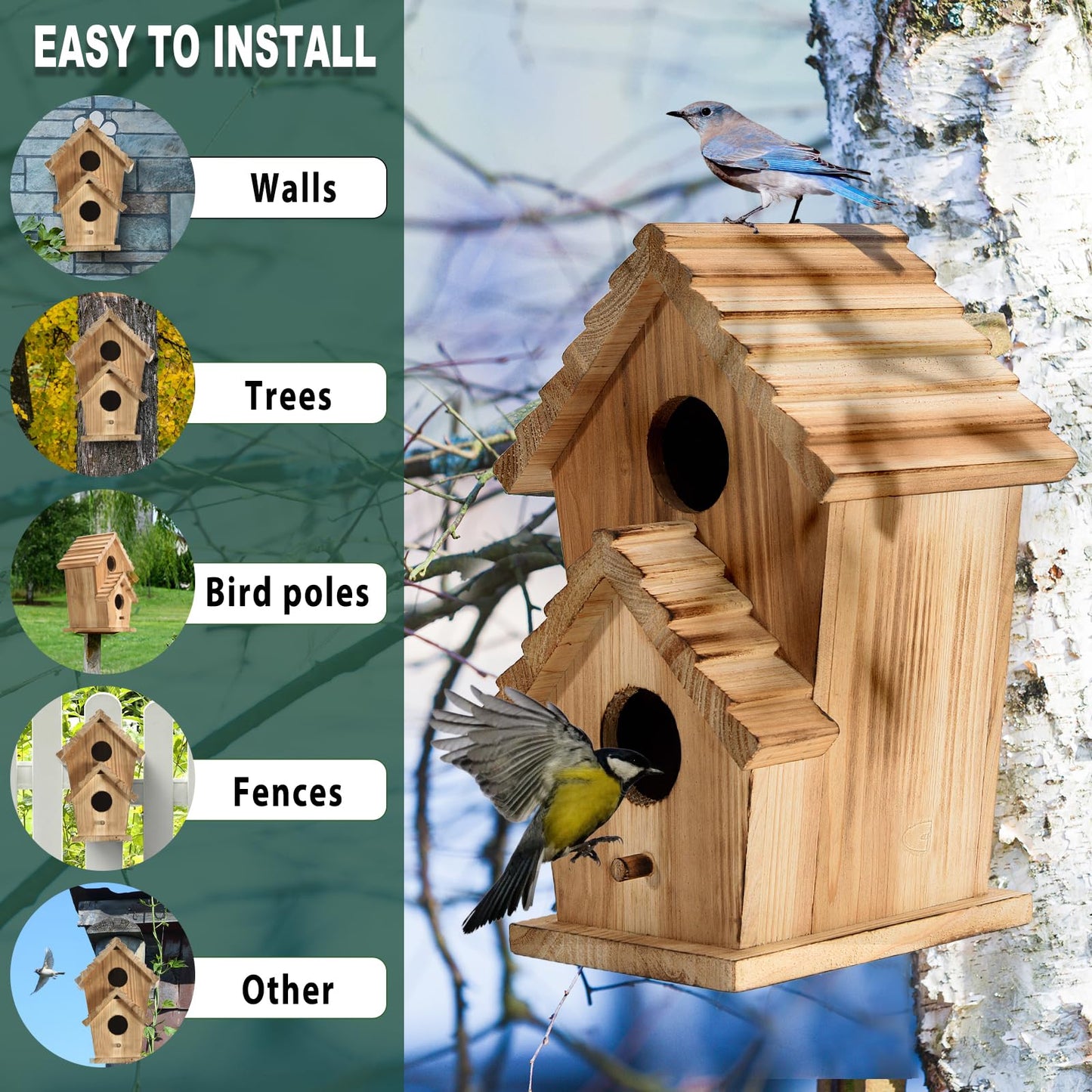 NATUREYLWL Bird Houses for Outside-2 Hole Wooden Outdoor Bird House,Wild Bird Box House,Nesting Box Birdhouse,Garden Bird Roosting