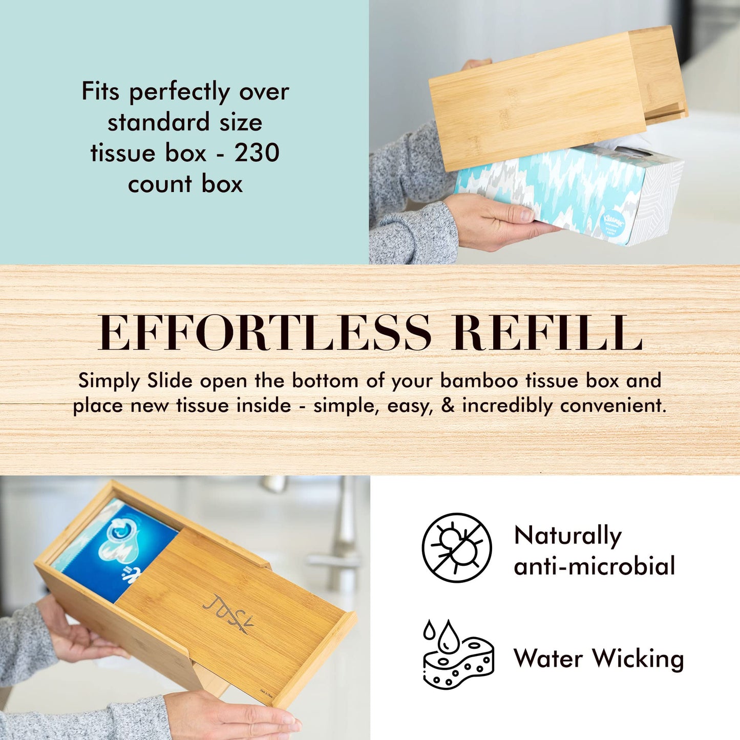 JUSK Design Tissue Box Holder, Modern, Minimalist, and Durable Wooden Bamboo Tissue Box with Sliding Bottom, Easy-Refill Premium-Quality Bamboo Tissue Box Cover, Fits 184-Count Box, Rectangular