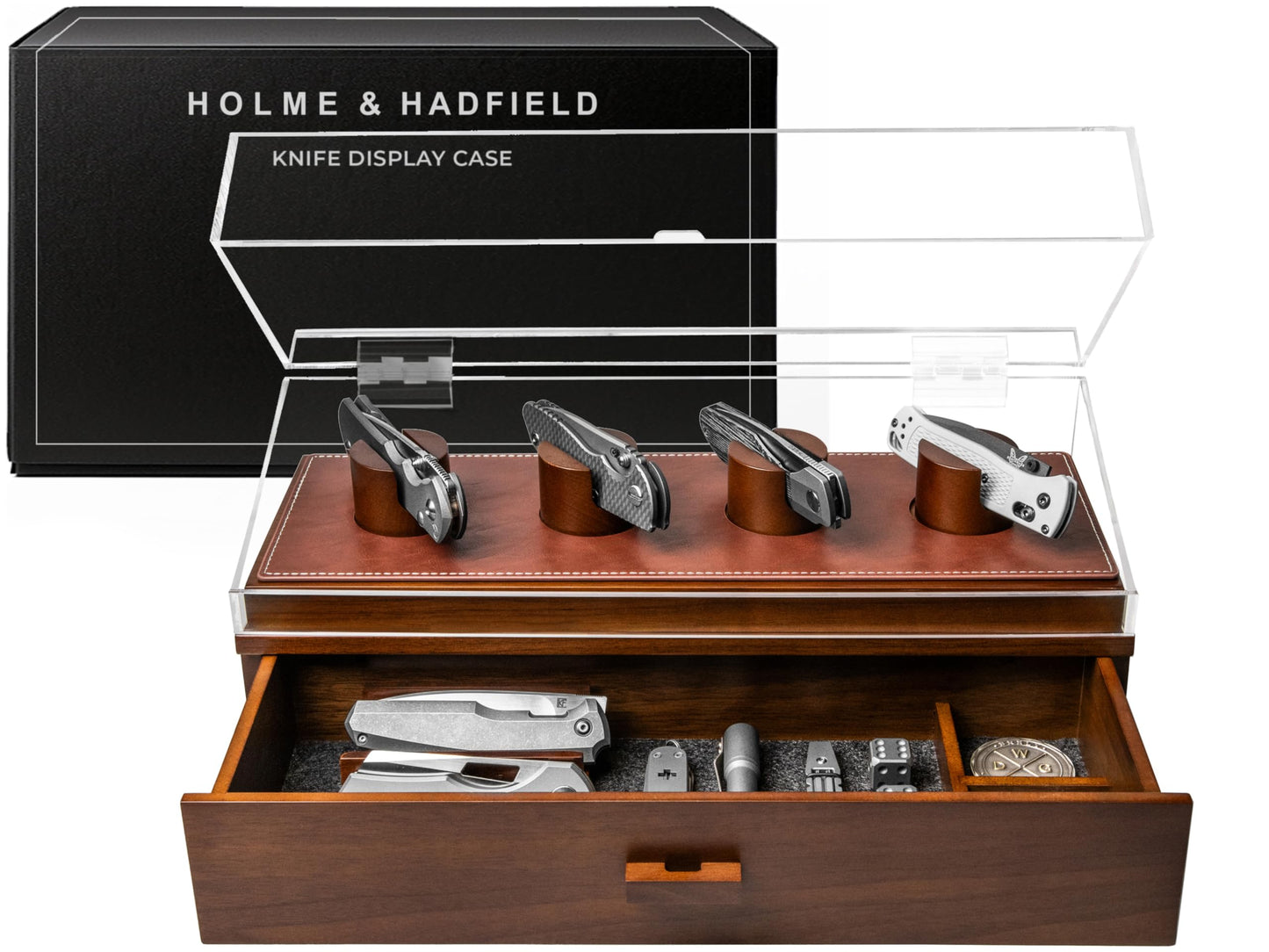 Premium Pocket Knife Display Case for 10 Knives - Wooden Knife Organizer, Storage & Holder with Unique Pillars, Hinged Cover, Drawer - Knife Collection Box - Handcrafted Father's Day Present for Men