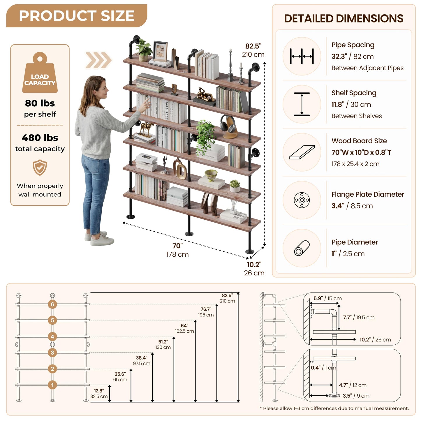 Anynice Industrial Ladder Shelf Bookcase, Wall Mounted Rustic Bookshelf, Retro Wood Metal Pipe Industrial Shelves for Living Room(Weathered Brown, 6 Tier - 10" D x 70" W x 82.5" H)