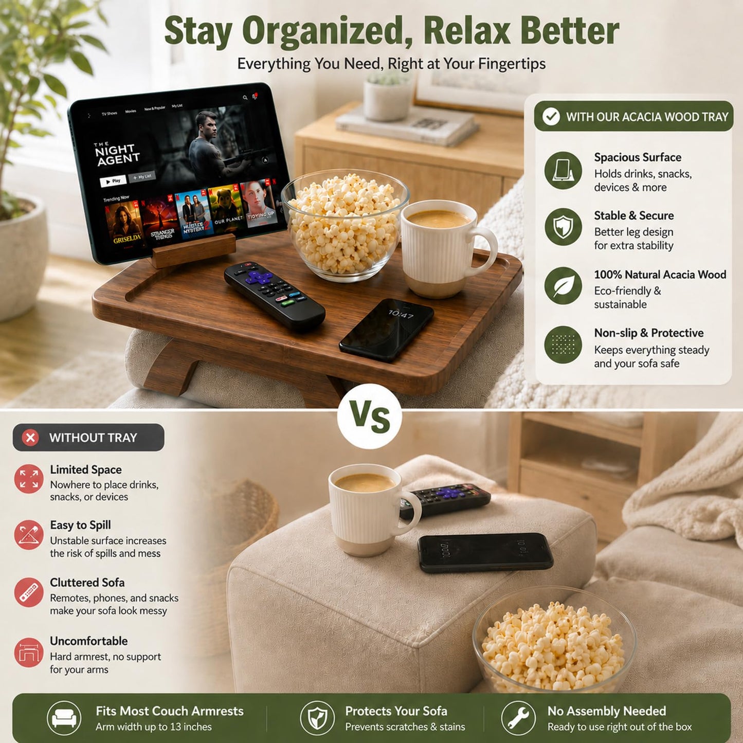 Couch Trays & Sofa Armrest Table - Multi-Functional Arm Trayes for Couch, Perfect Sofa Arm Tray Table for Snacks & Drinks