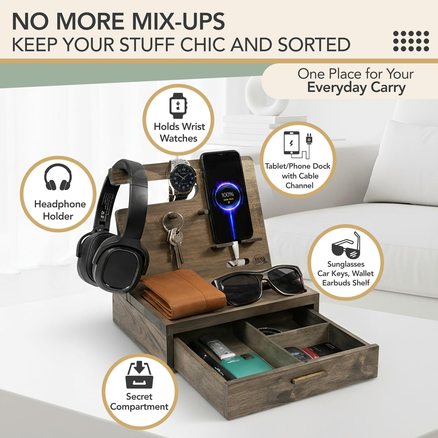 EcoLeafy Dot Nightstand Organizer for Men- Phone Docking Station with Drawer for Cellphone, Watches, Sunglasses & Accessories- Makes an Ideal Gift for Dad or Son (Rustic)